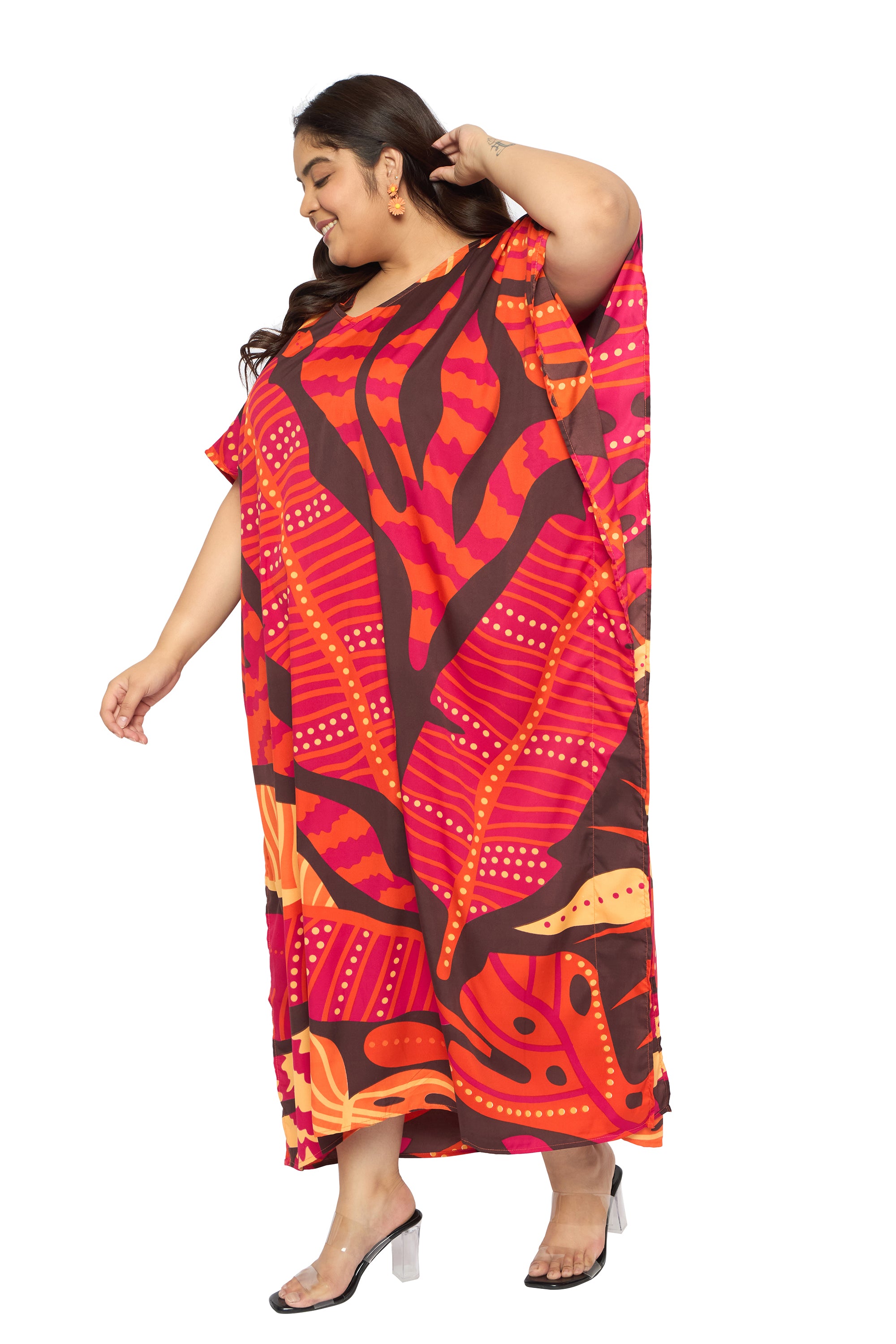 Leaf Red Polyester Plus Size Loungewear Kaftan for Women