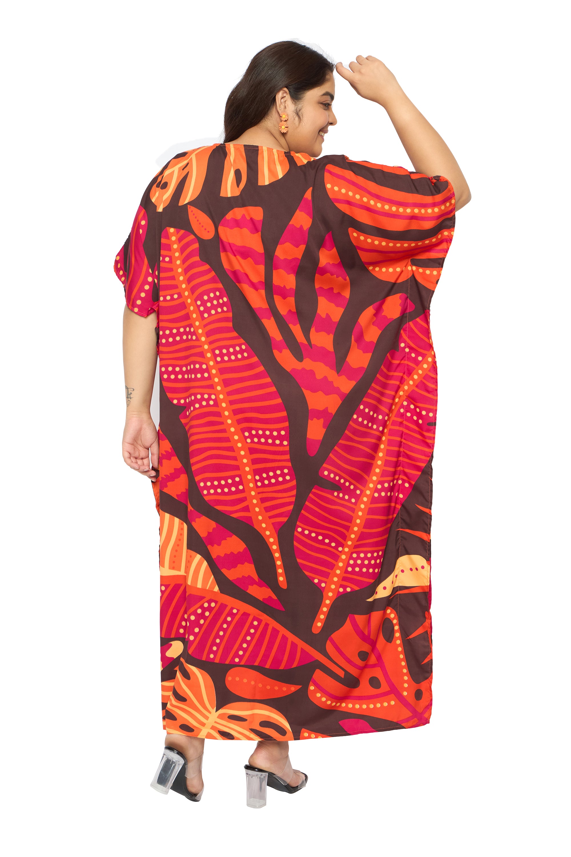 Leaf Red Polyester Plus Size Loungewear Kaftan for Women