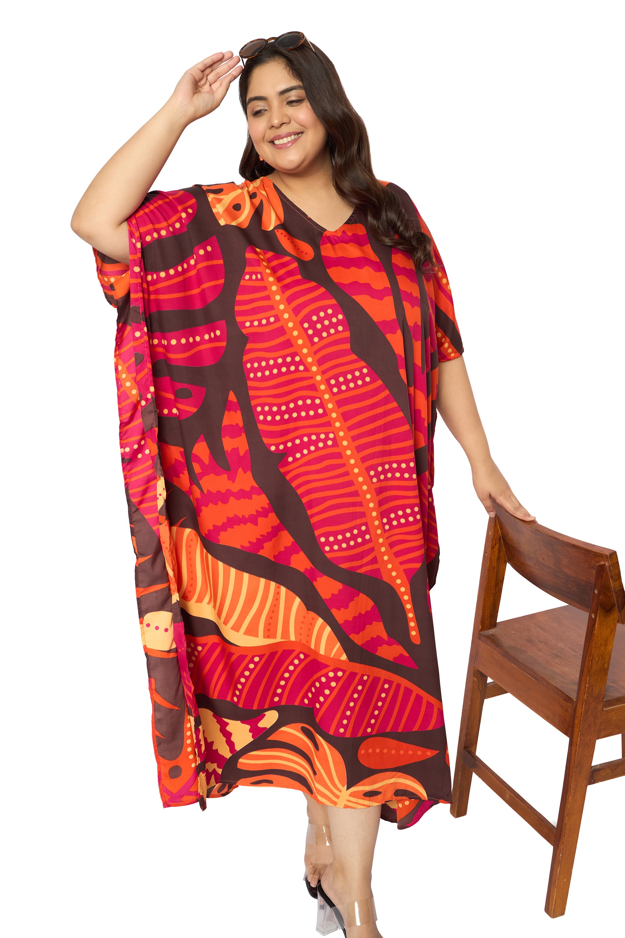 Leaf Red Polyester Plus Size Loungewear Kaftan for Women