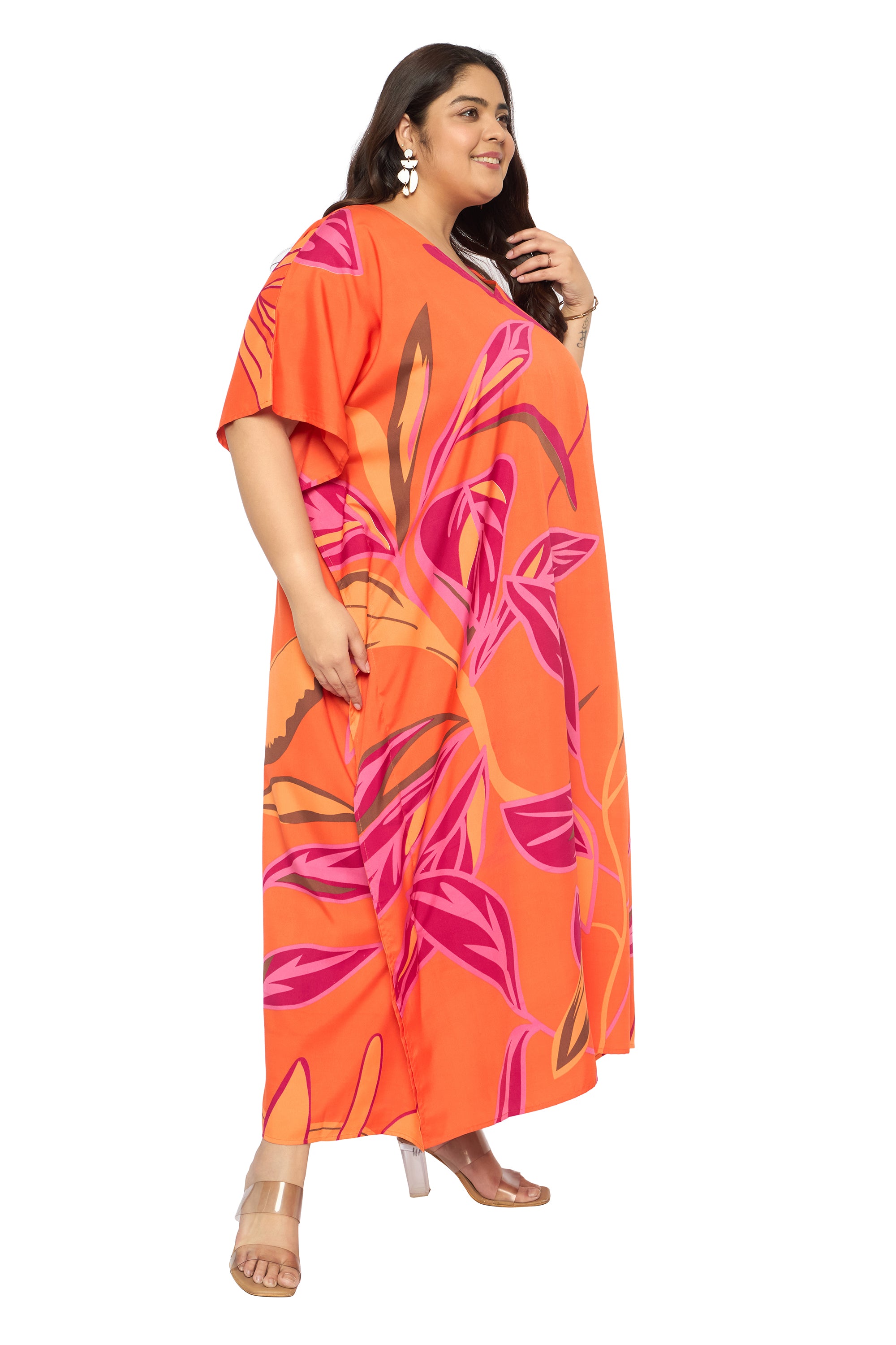 Leaf Orange Polyester Plus Size Caftan Beach Dress for Women