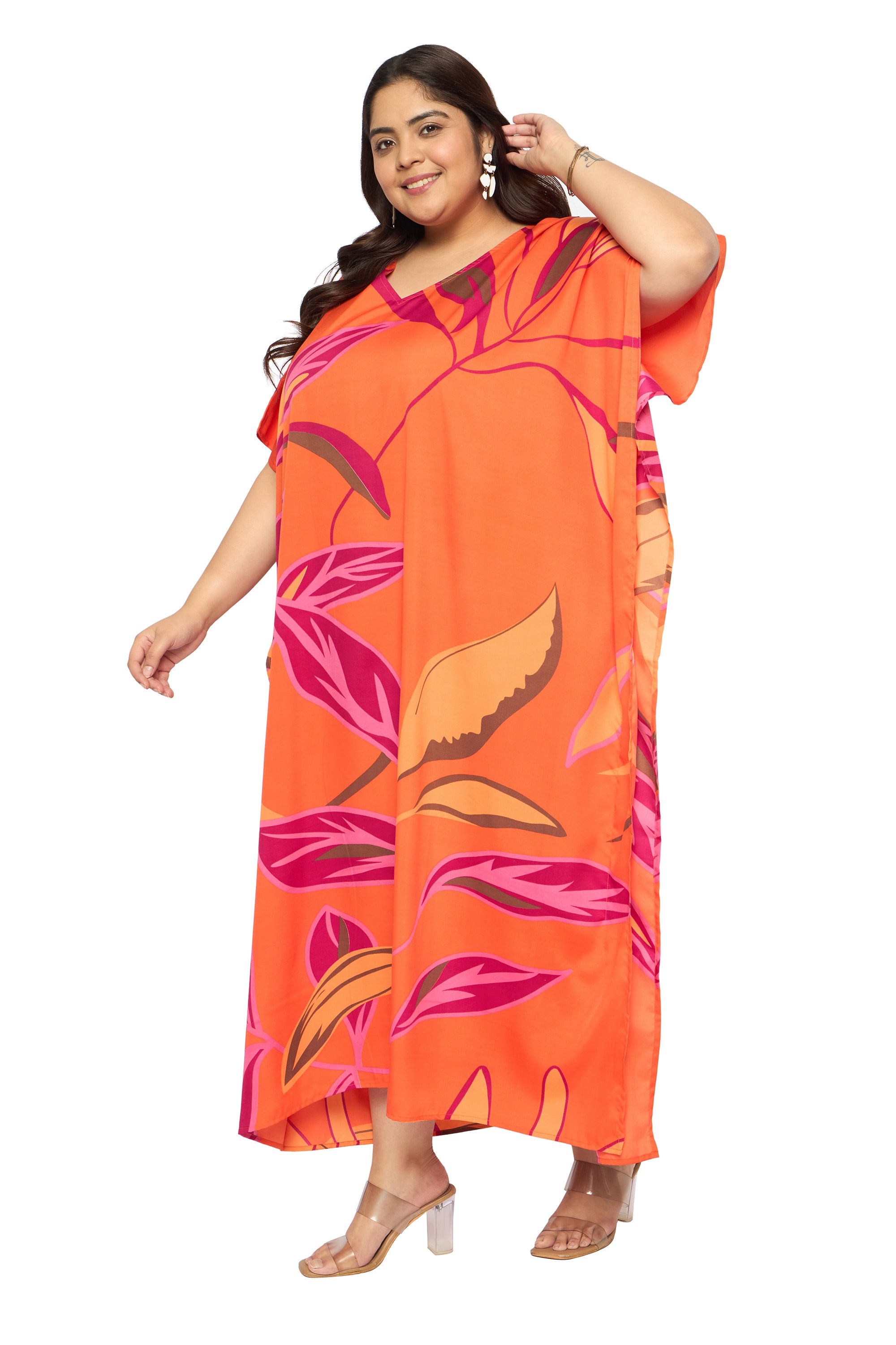 Leaf Orange Polyester Plus Size Caftan Beach Dress for Women