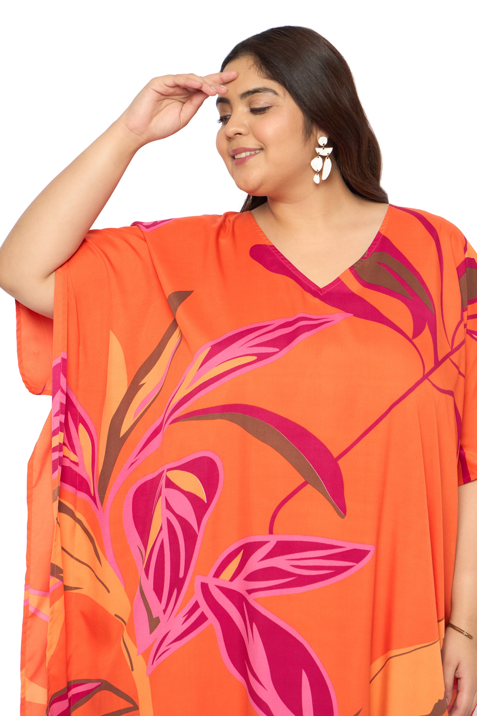 Leaf Orange Polyester Plus Size Caftan Beach Dress for Women