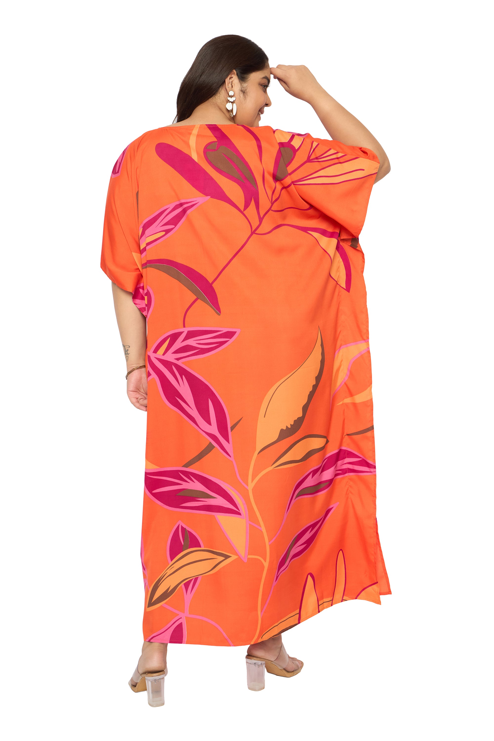 Leaf Orange Polyester Plus Size Caftan Beach Dress for Women
