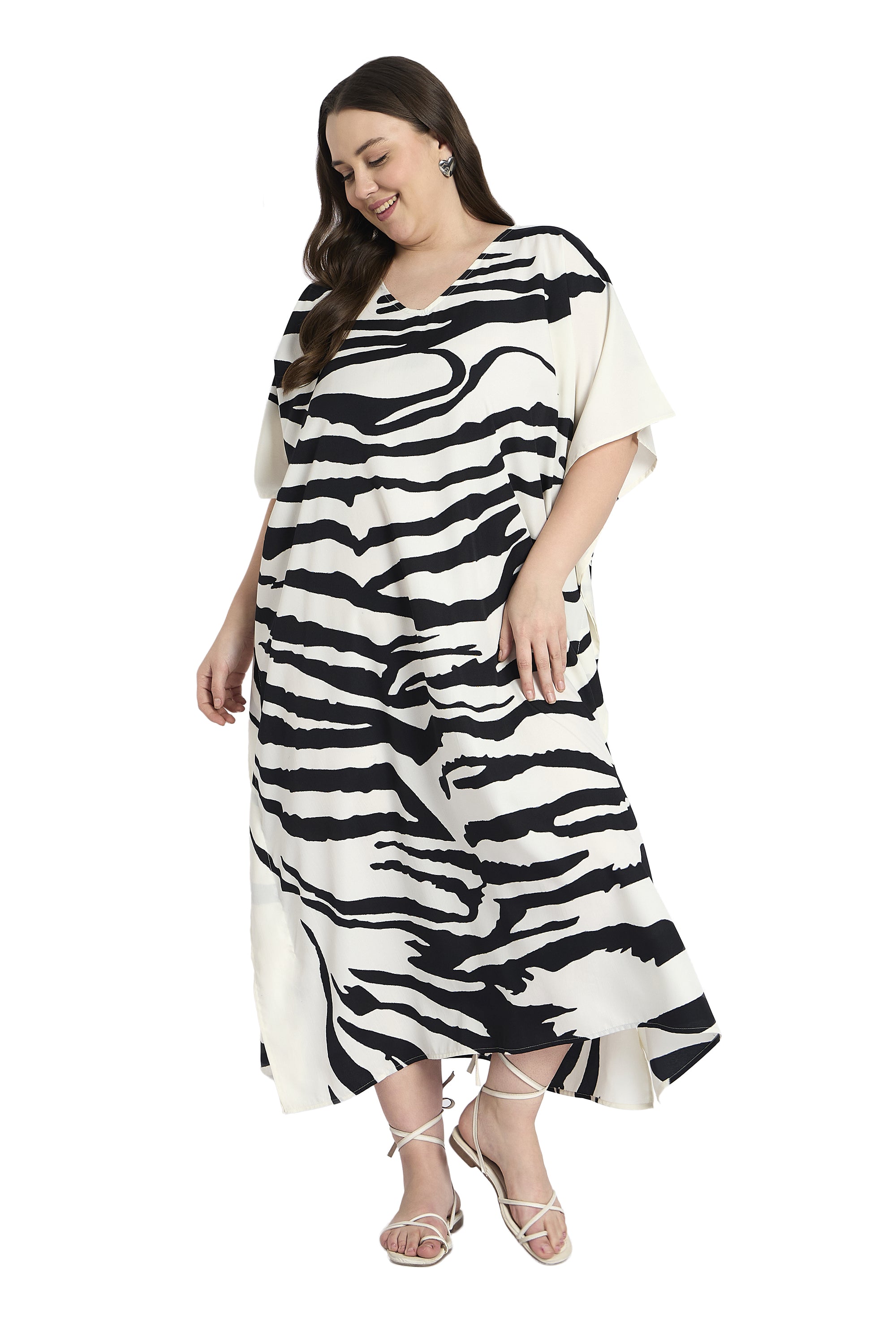 Striped Polyester Plus Size Loungewear Caftan Dress for Women