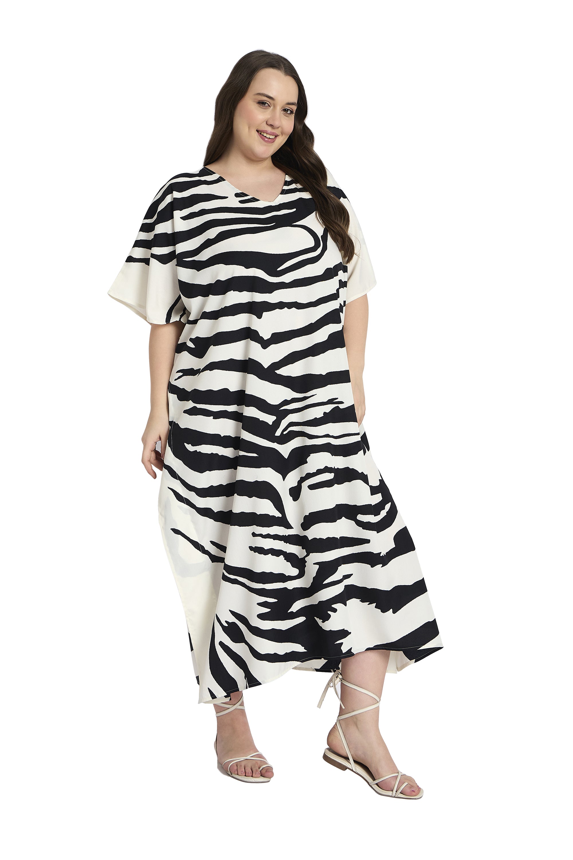 Striped Polyester Plus Size Loungewear Caftan Dress for Women