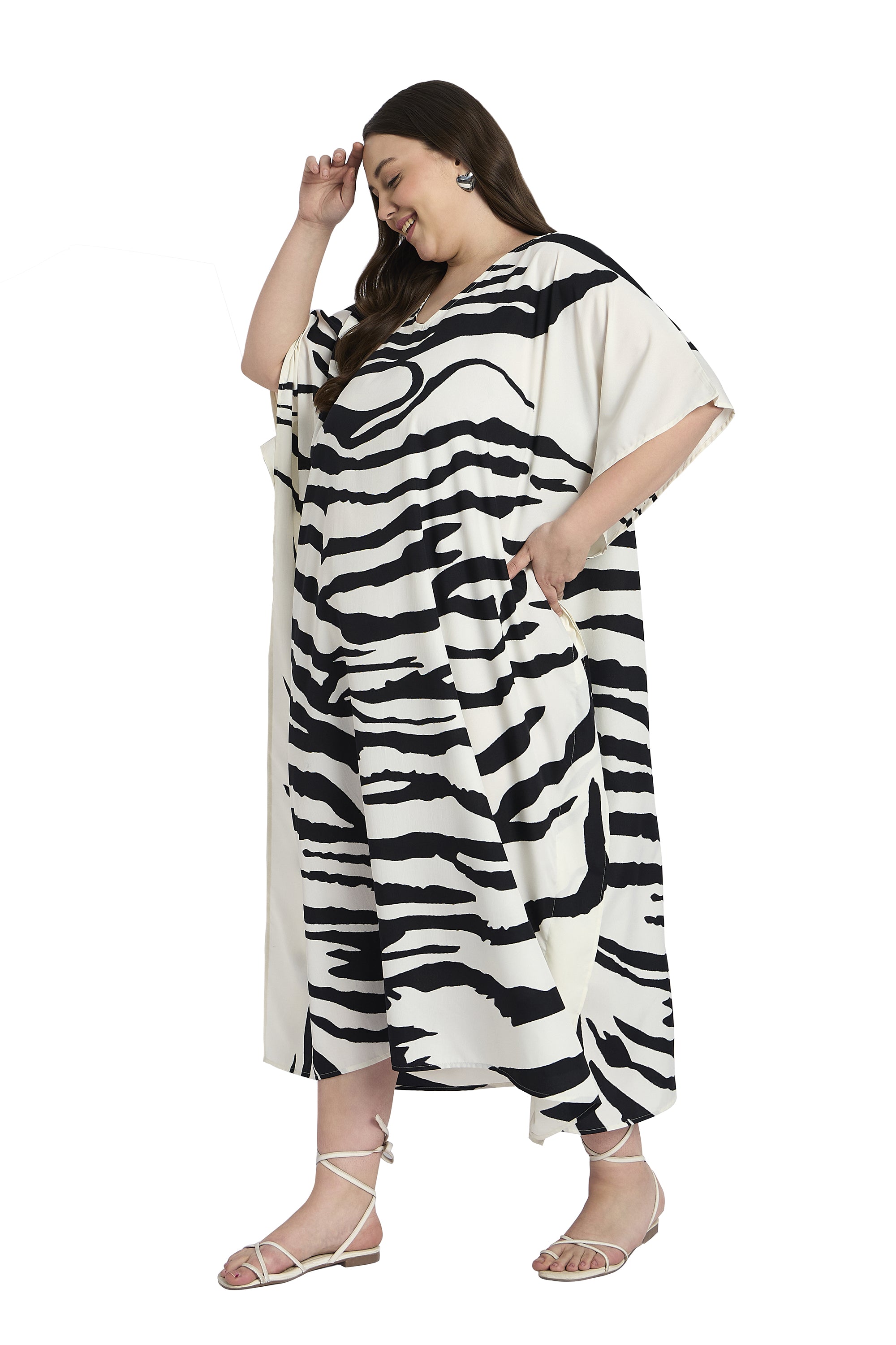 Striped Polyester Plus Size Loungewear Caftan Dress for Women