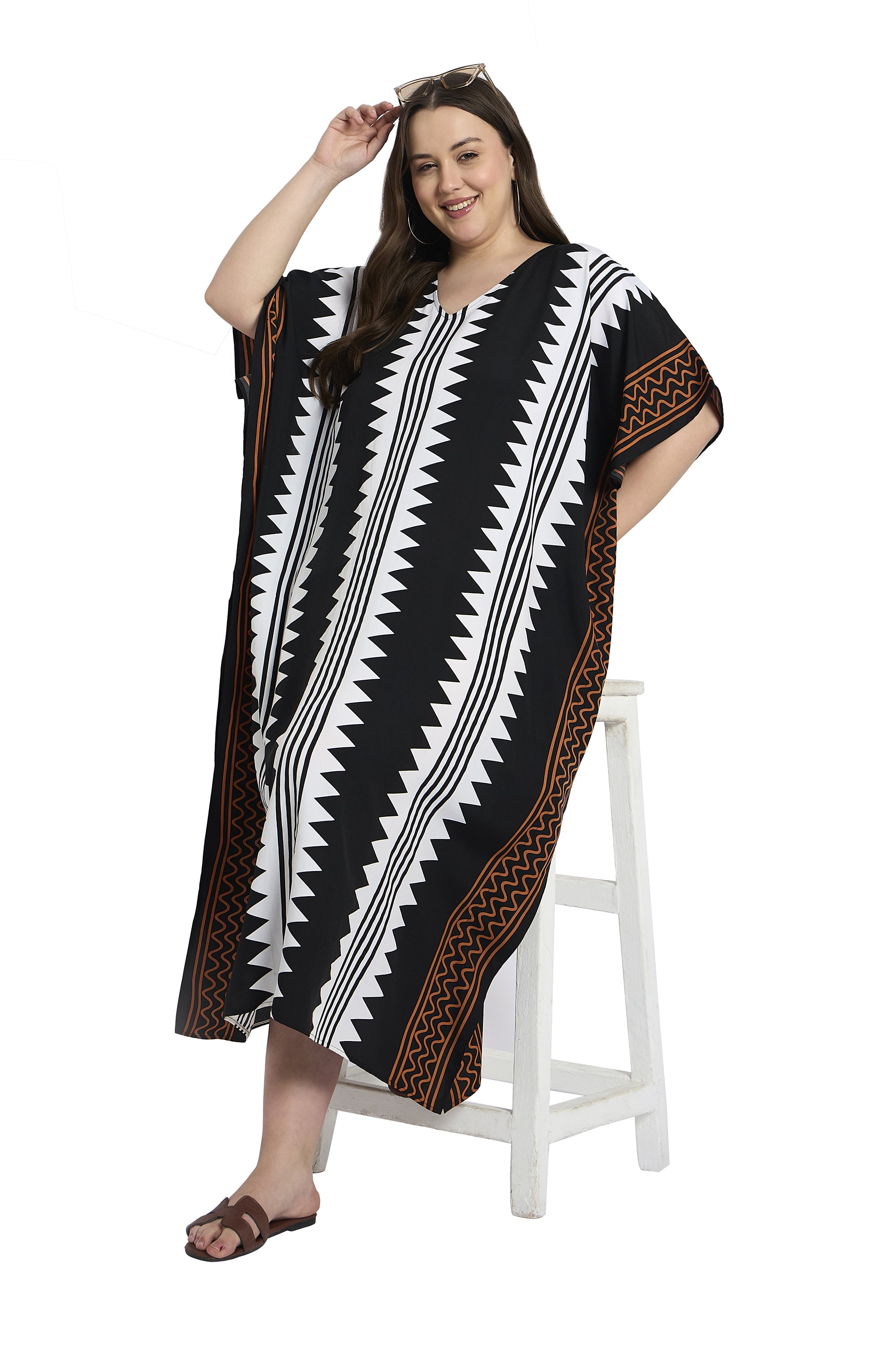 Striped Polyester Women Plus Size Caftan Dress for Beach Poolside
