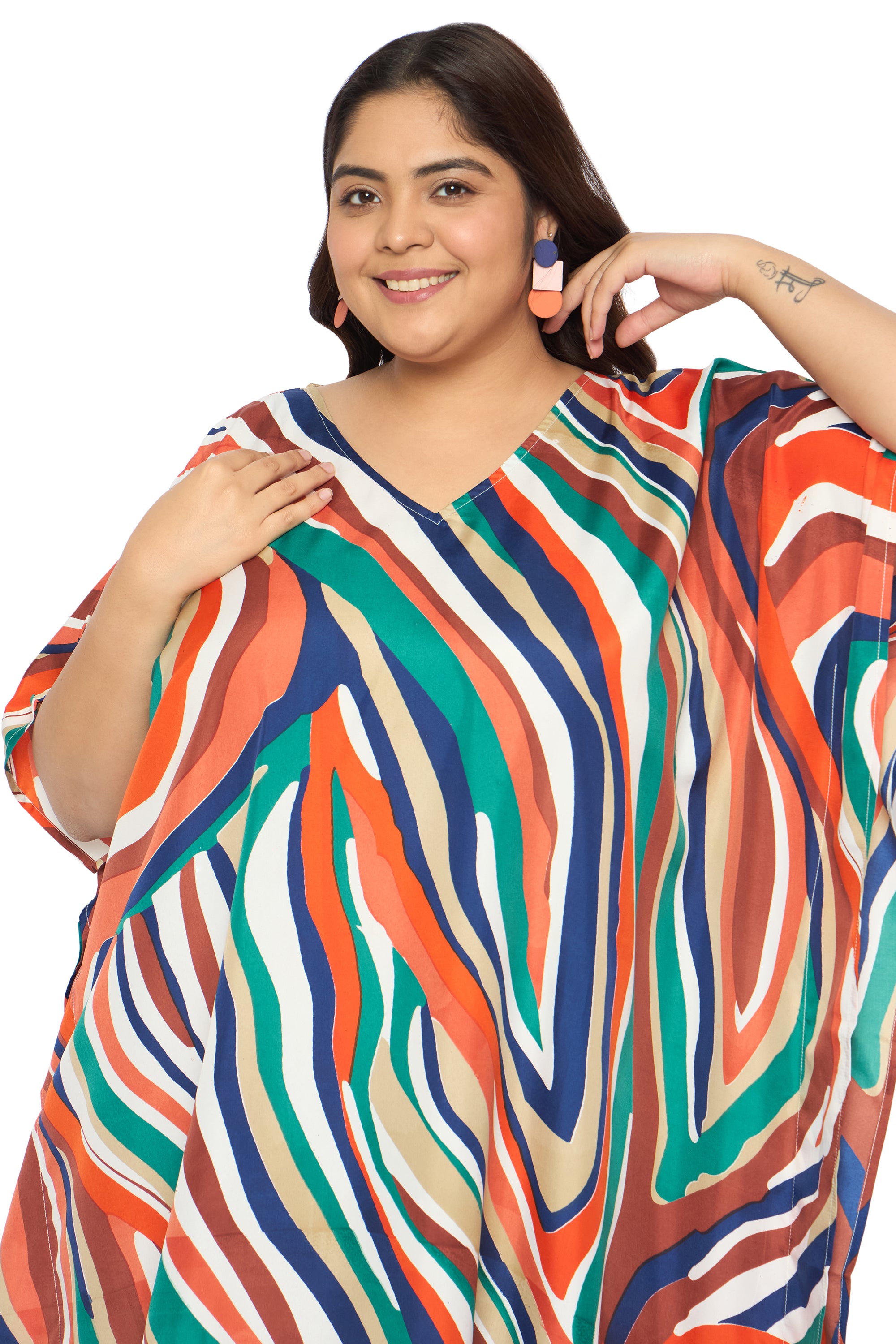 Abstract Multicolor Polyester Caftan Dress for Women