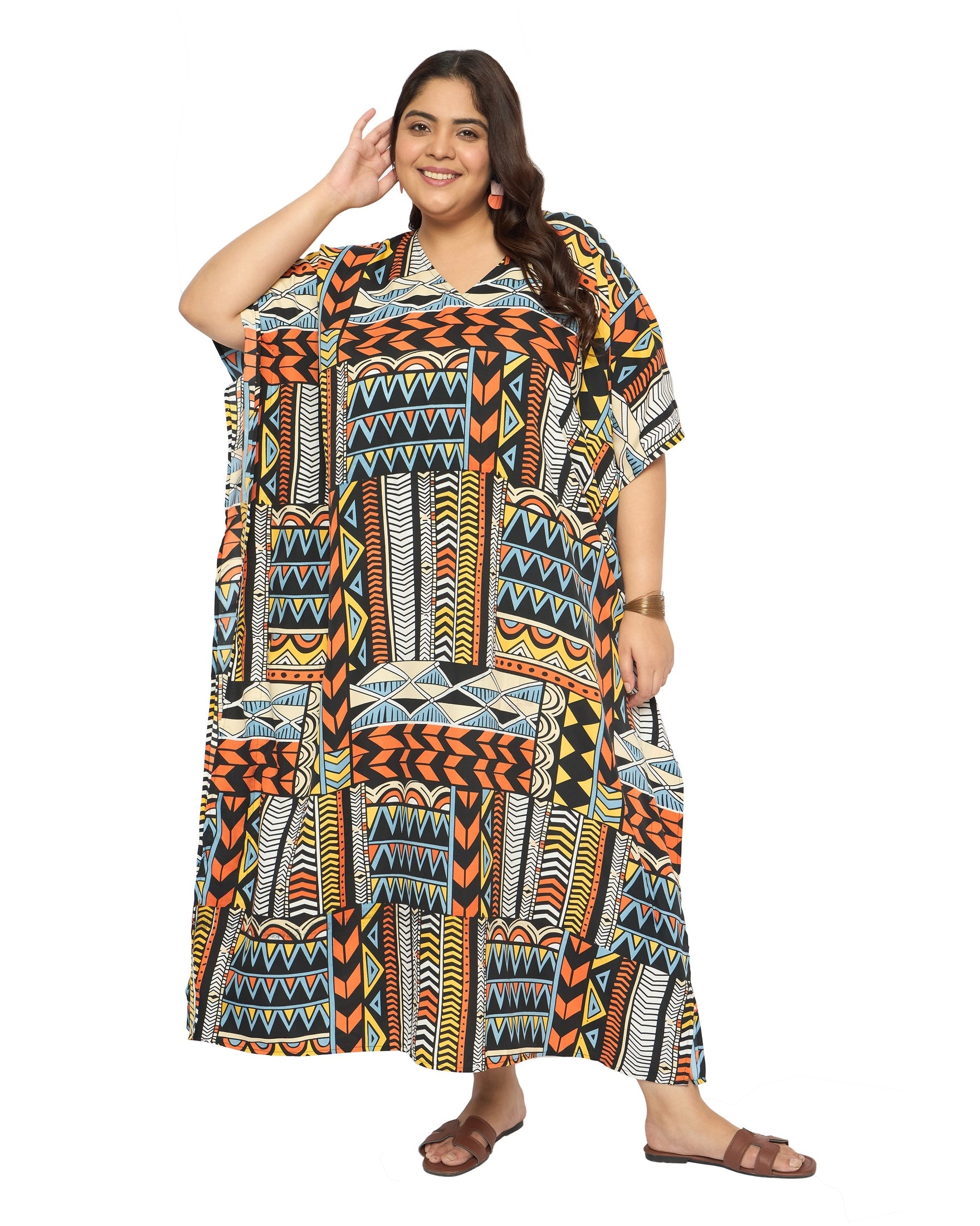 Geometric Multicolor Polyester Loungewear Kaftan for Women