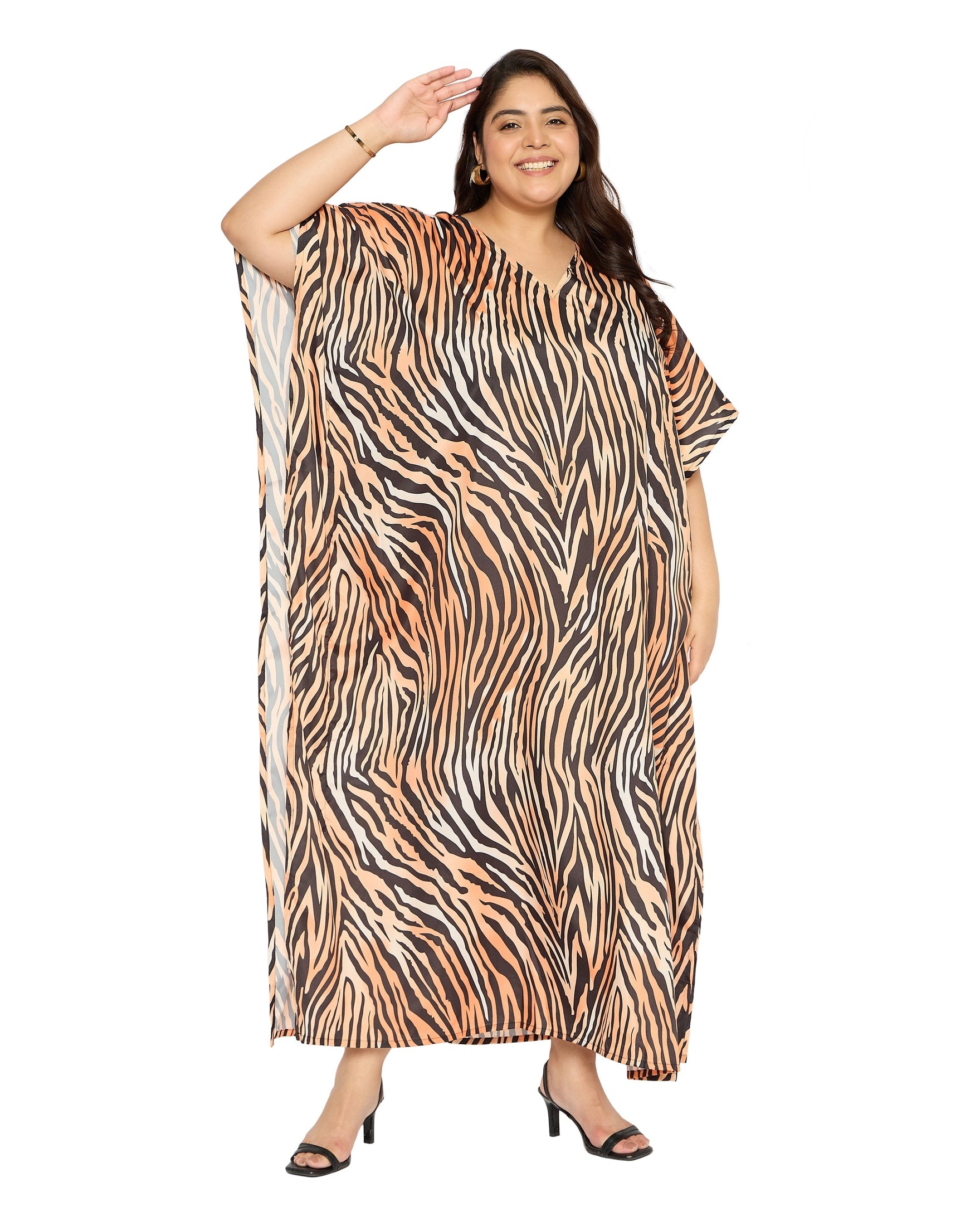 Abstract Brown Polyester Women Plus Size Kaftan Dress