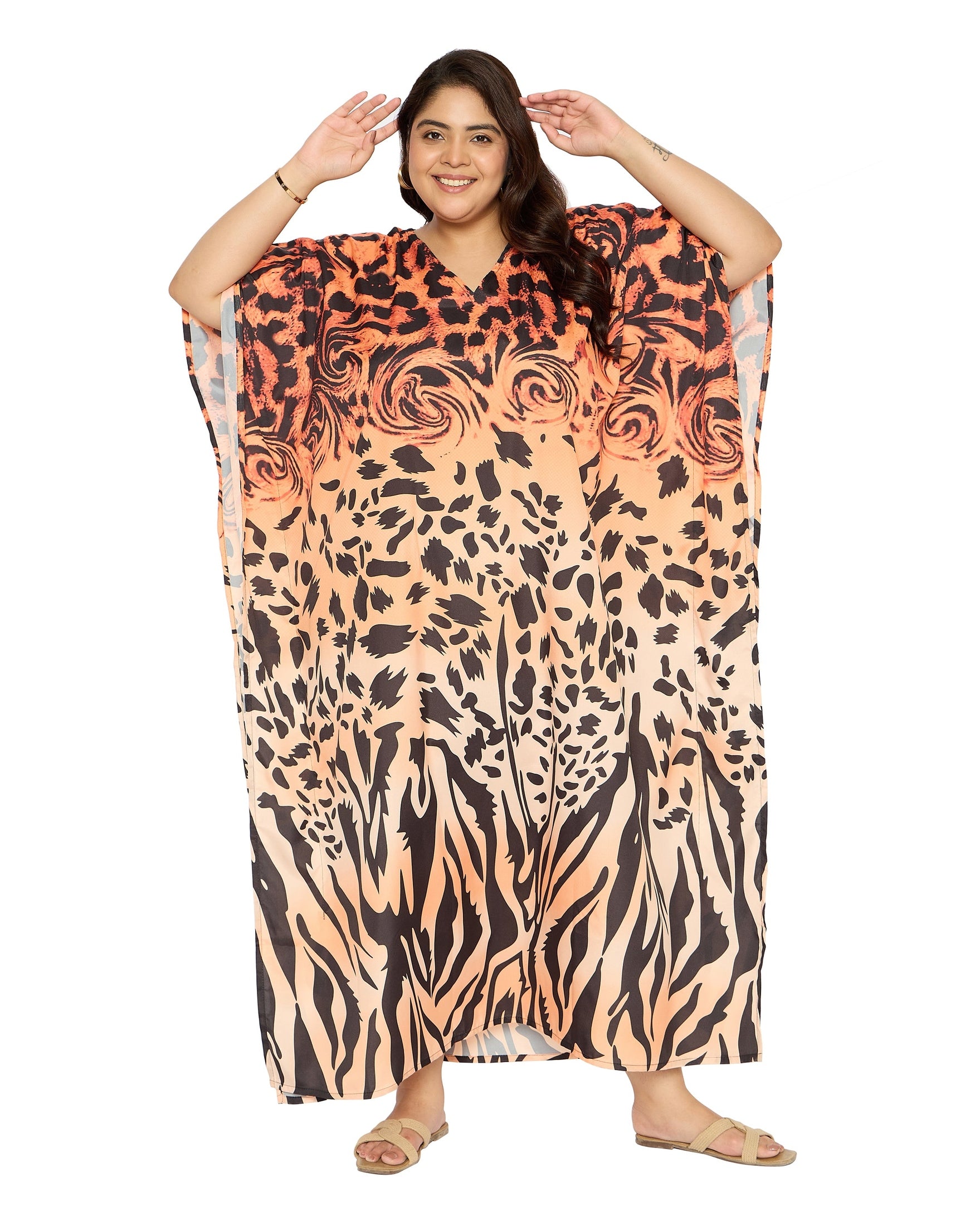 Abstract Light Brown Polyester Plus Size Caftan Beach Dress for Women