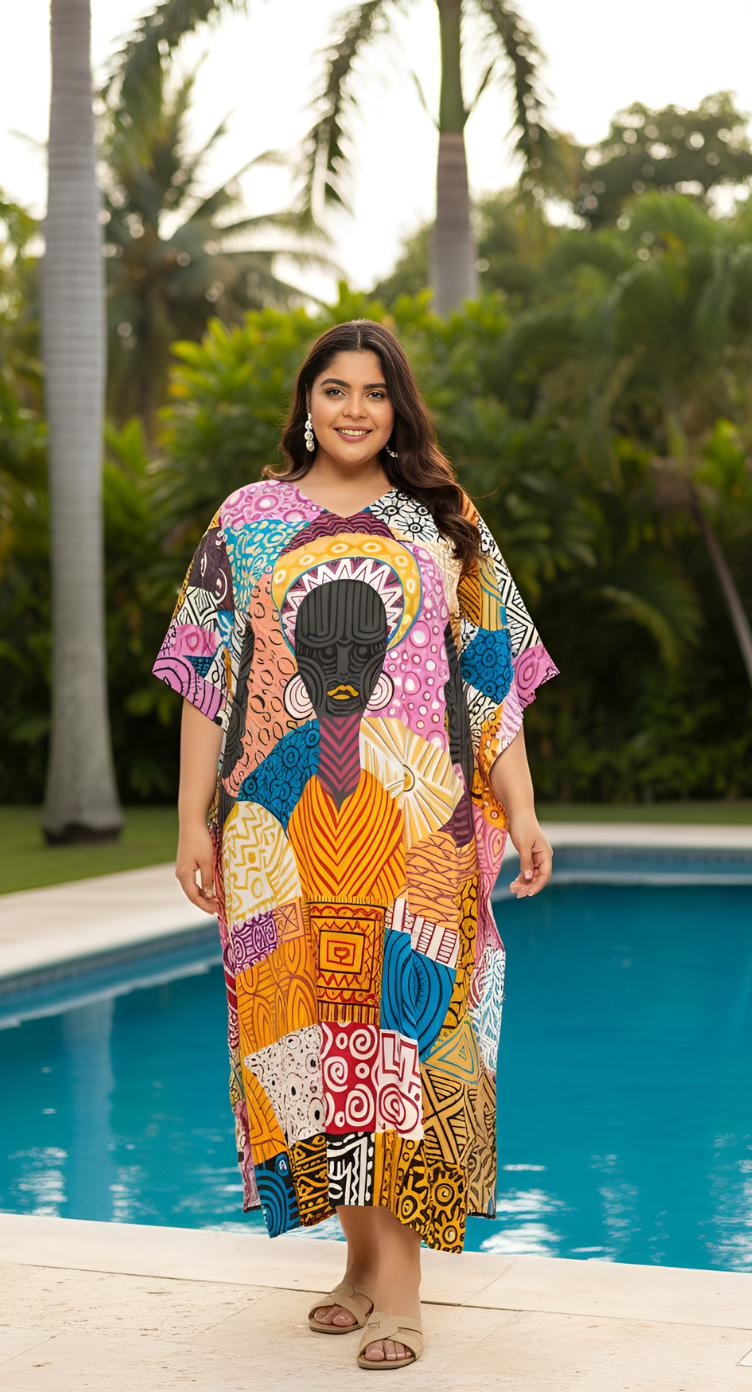 Lady Tribal Multicolor Polyester Caftan Dress for Plus Size