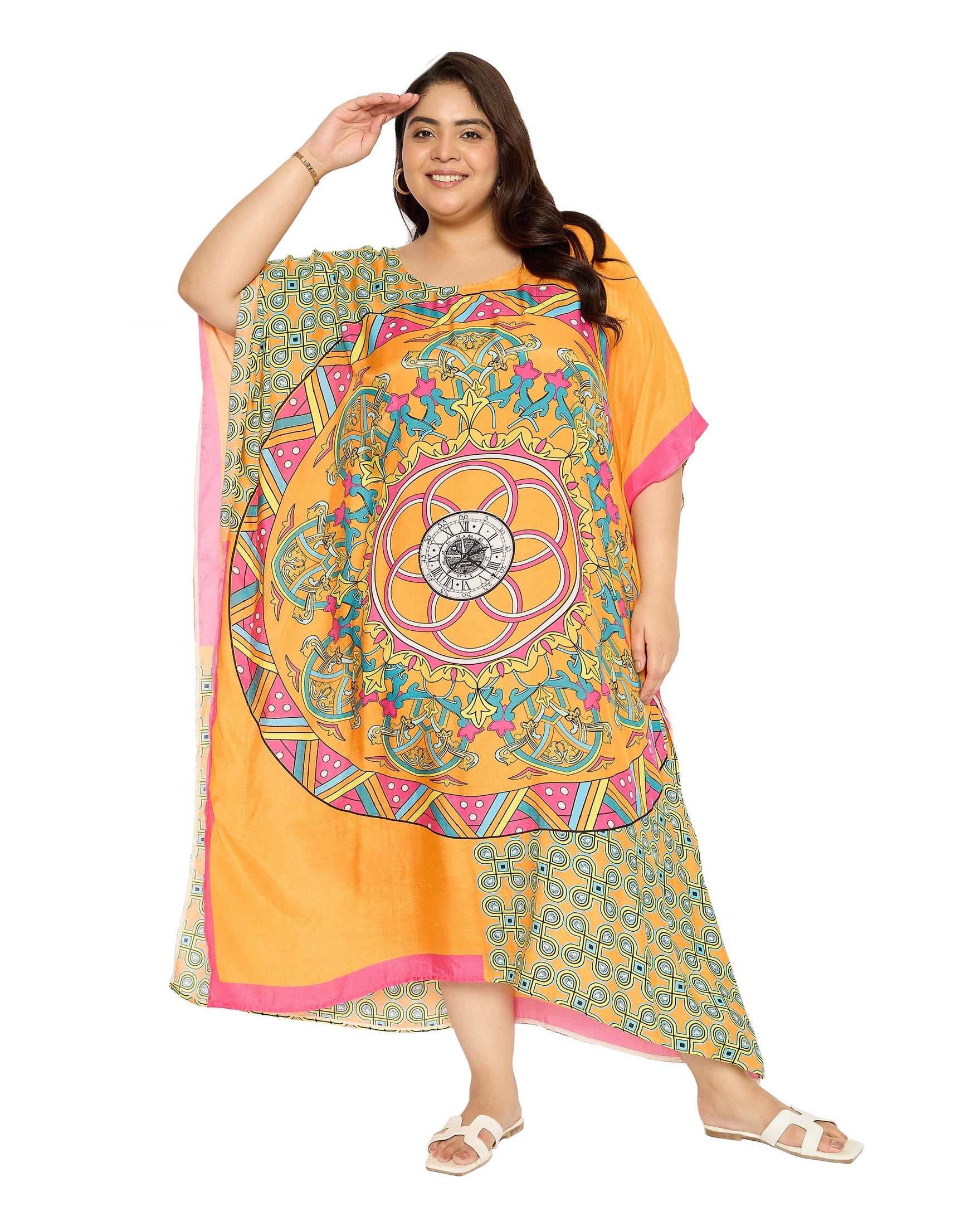 Mandala Marigold Polyester Kaftan House Dress for Women