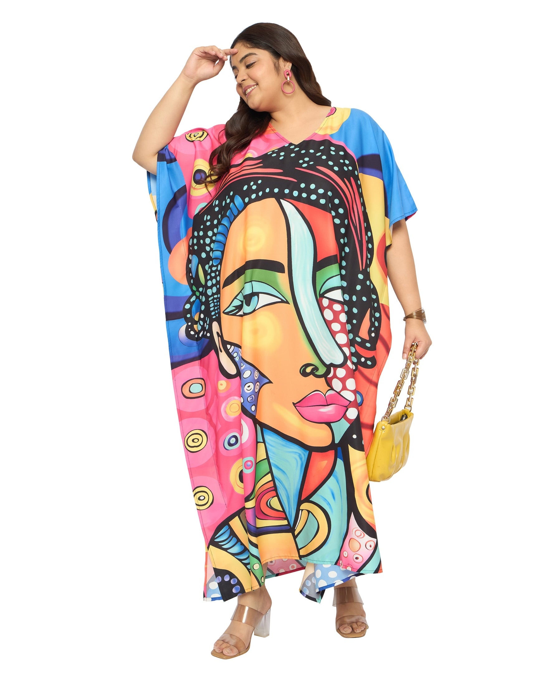 Lady Face Multicolor Polyester Women Plus Size Kaftan Dress