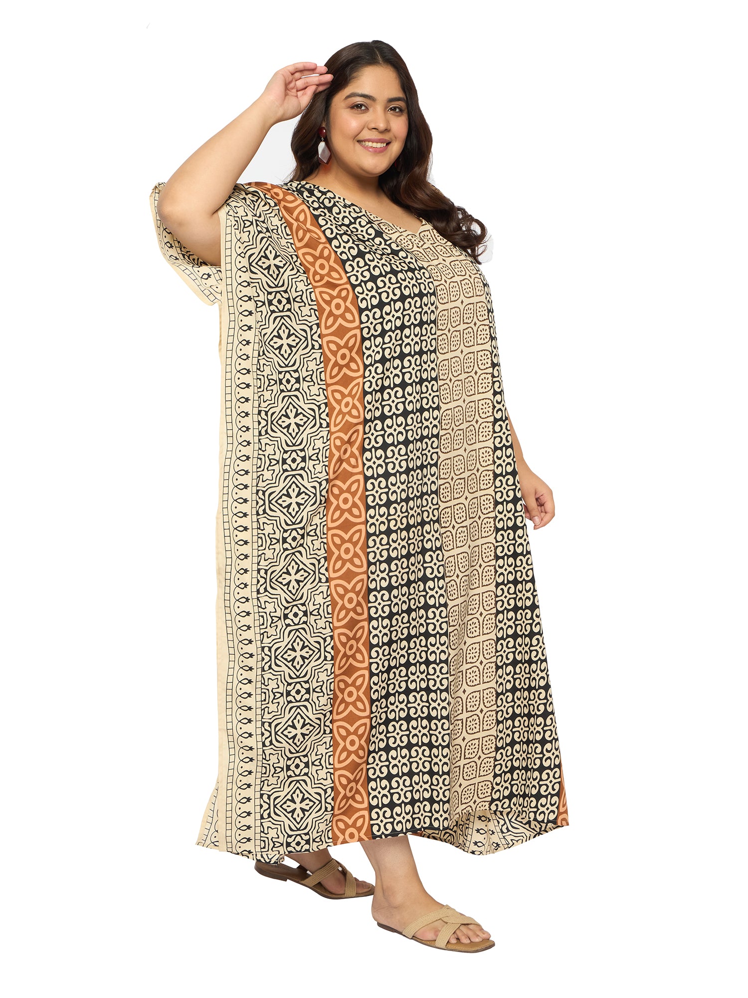 Geometric Multicolor Polyester Plus Size Caftan Night dress for Women