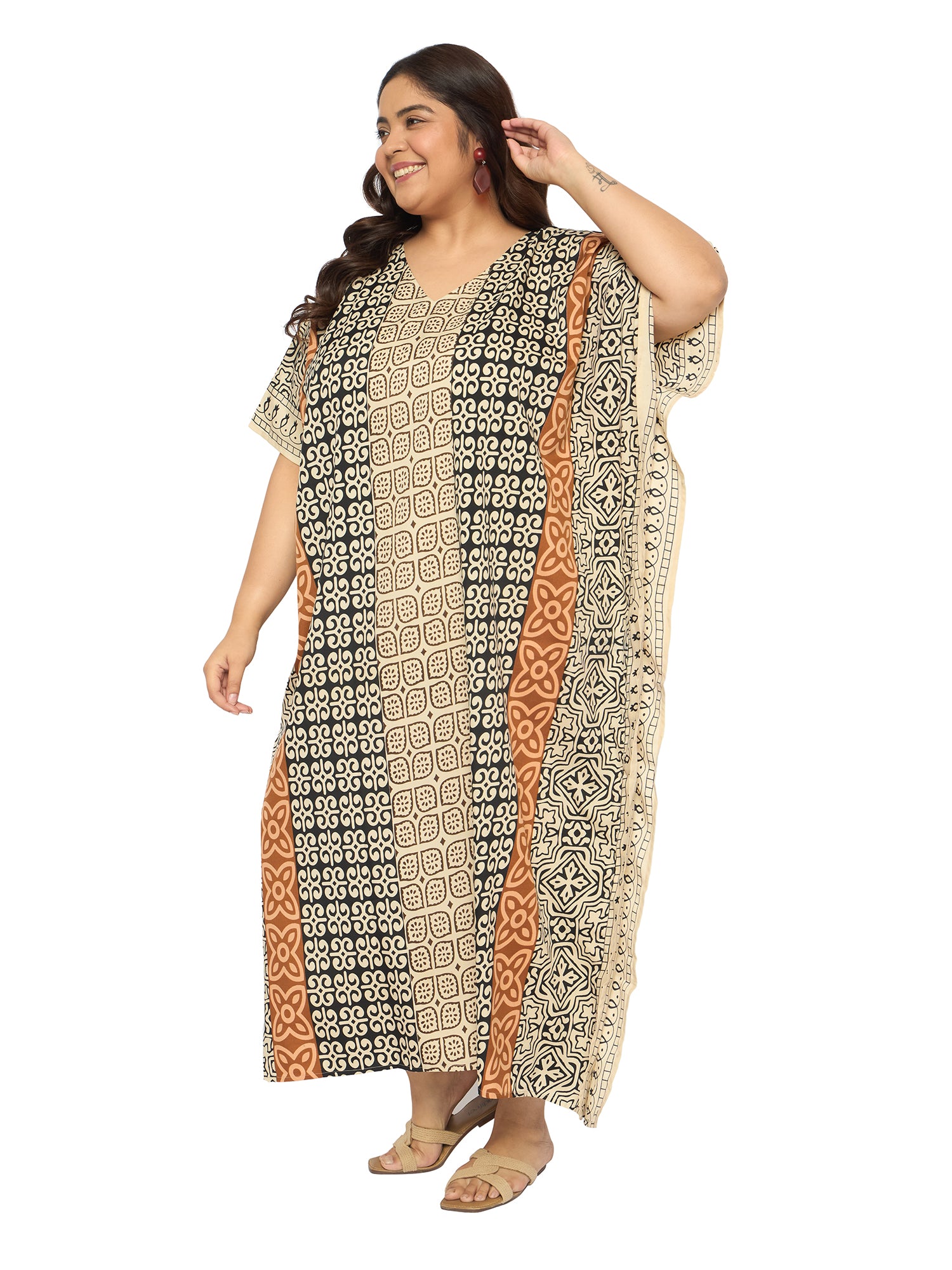Geometric Multicolor Polyester Plus Size Caftan Night dress for Women