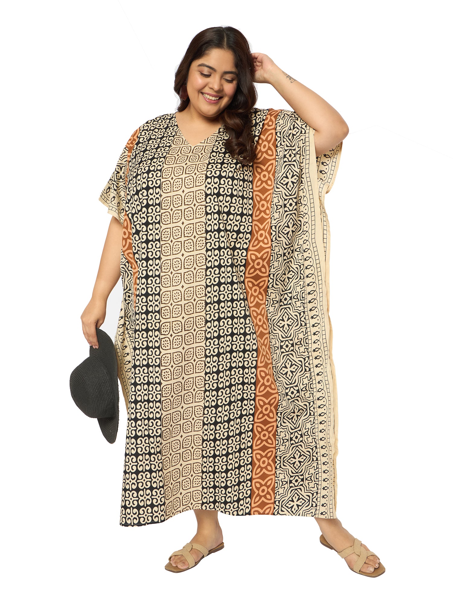 Geometric Multicolor Polyester Plus Size Caftan Night dress for Women