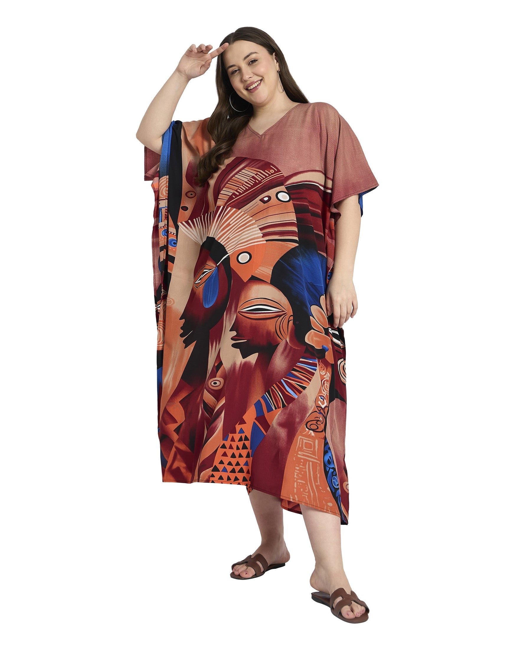 Brown Polyester Tribal Plus Size Elegant Kaftan Dress for Women