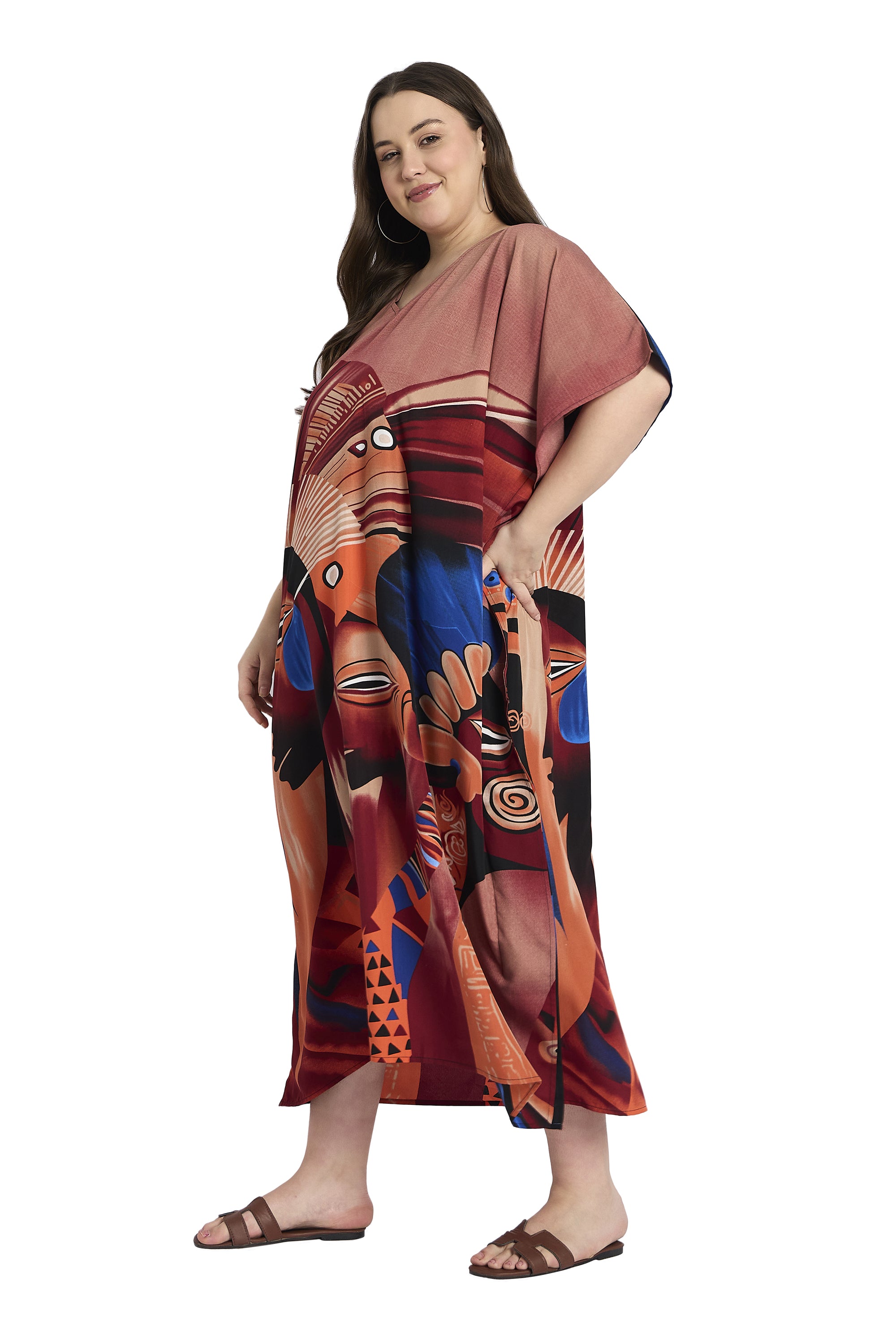 Brown Polyester Tribal Plus Size Elegant Kaftan Dress for Women