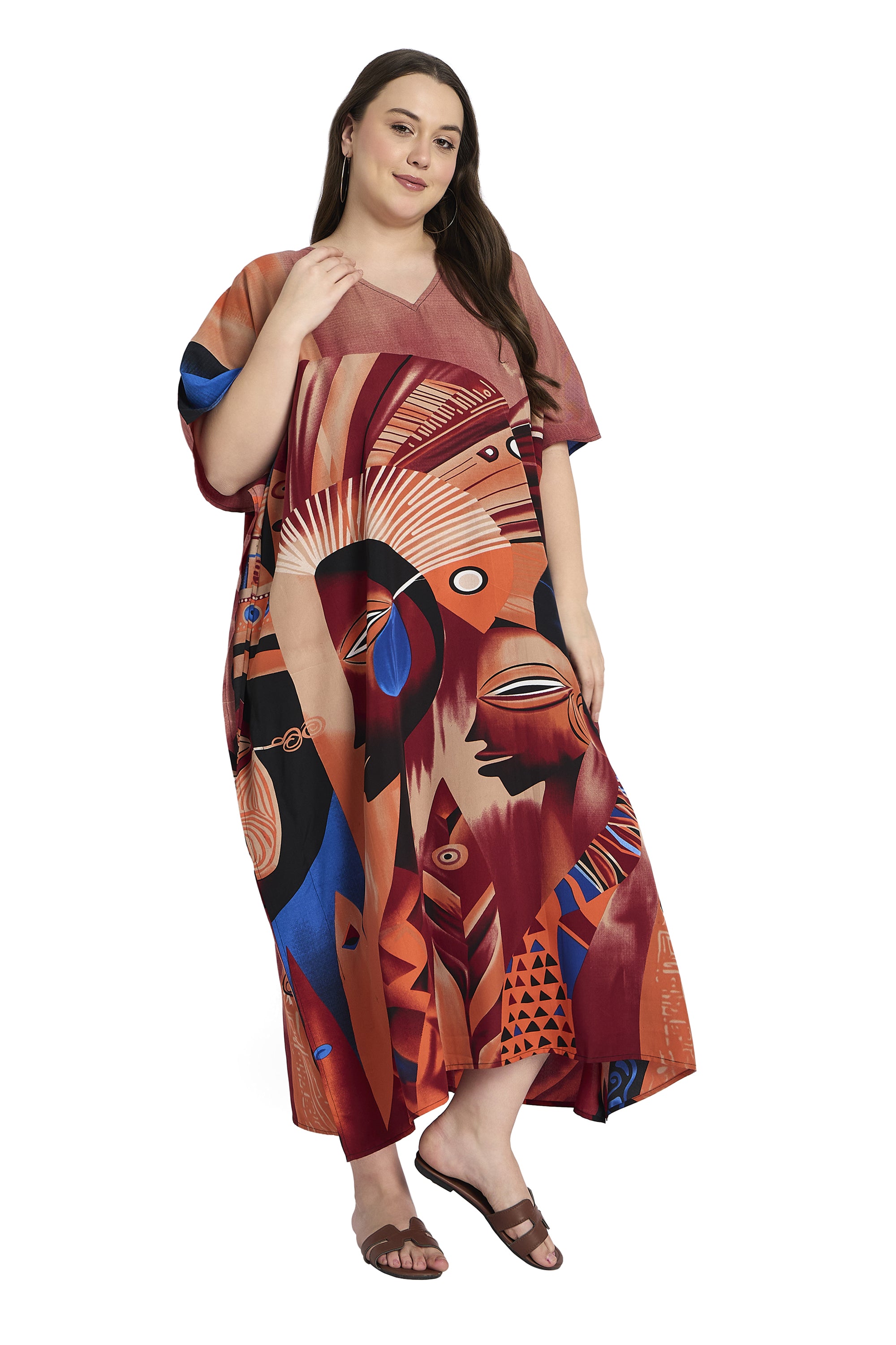 Brown Polyester Tribal Plus Size Elegant Kaftan Dress for Women