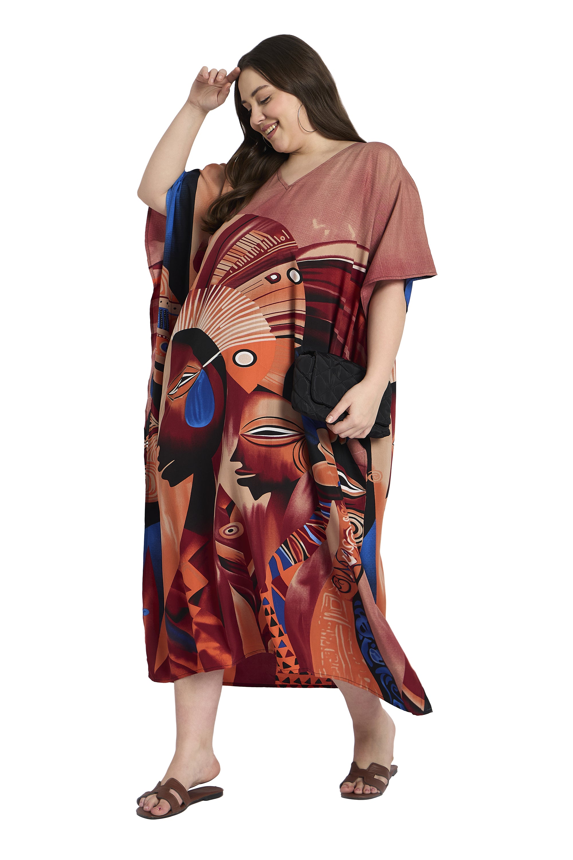 Brown Polyester Tribal Plus Size Elegant Kaftan Dress for Women
