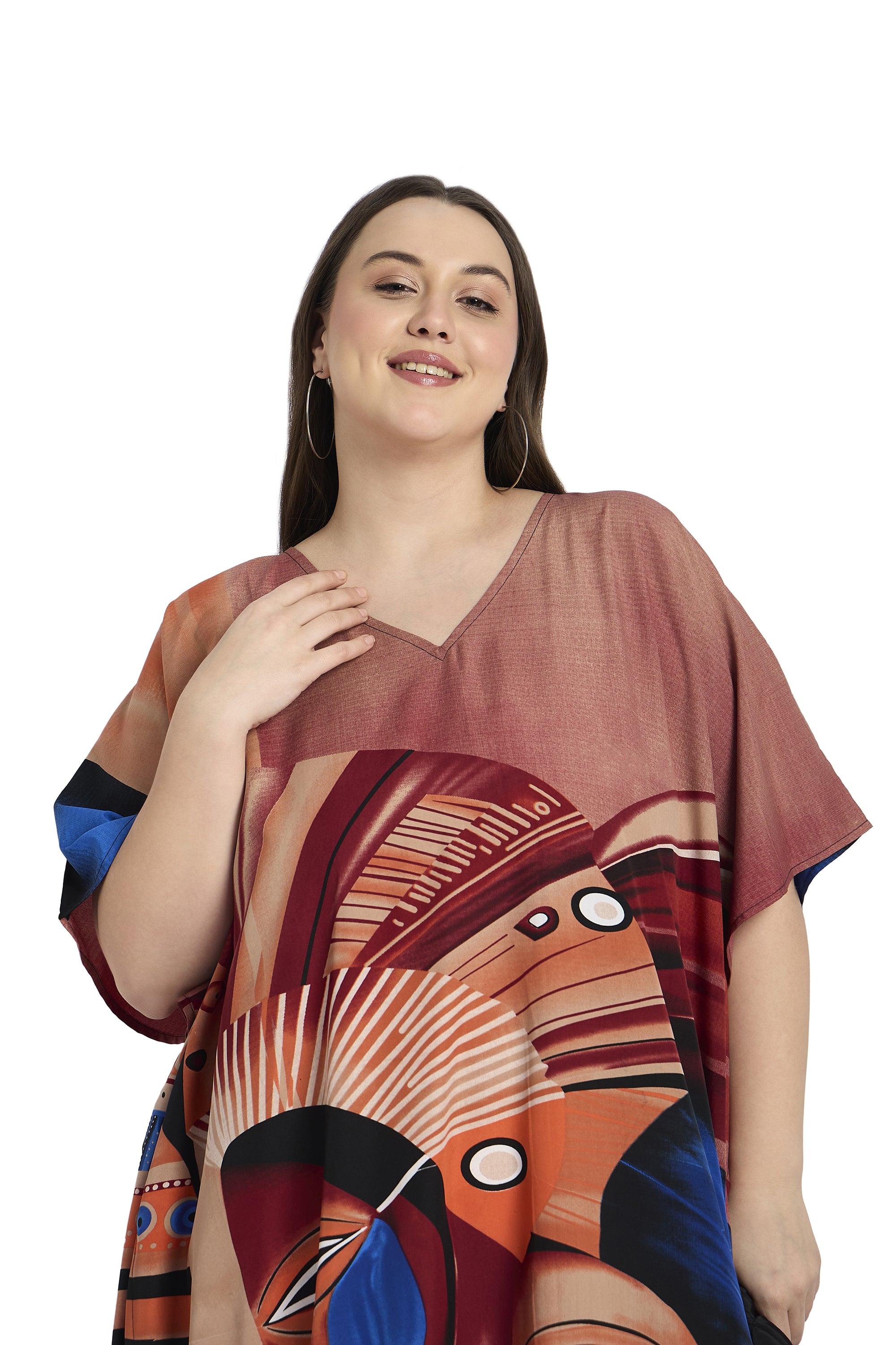 Brown Polyester Tribal Plus Size Elegant Kaftan Dress for Women