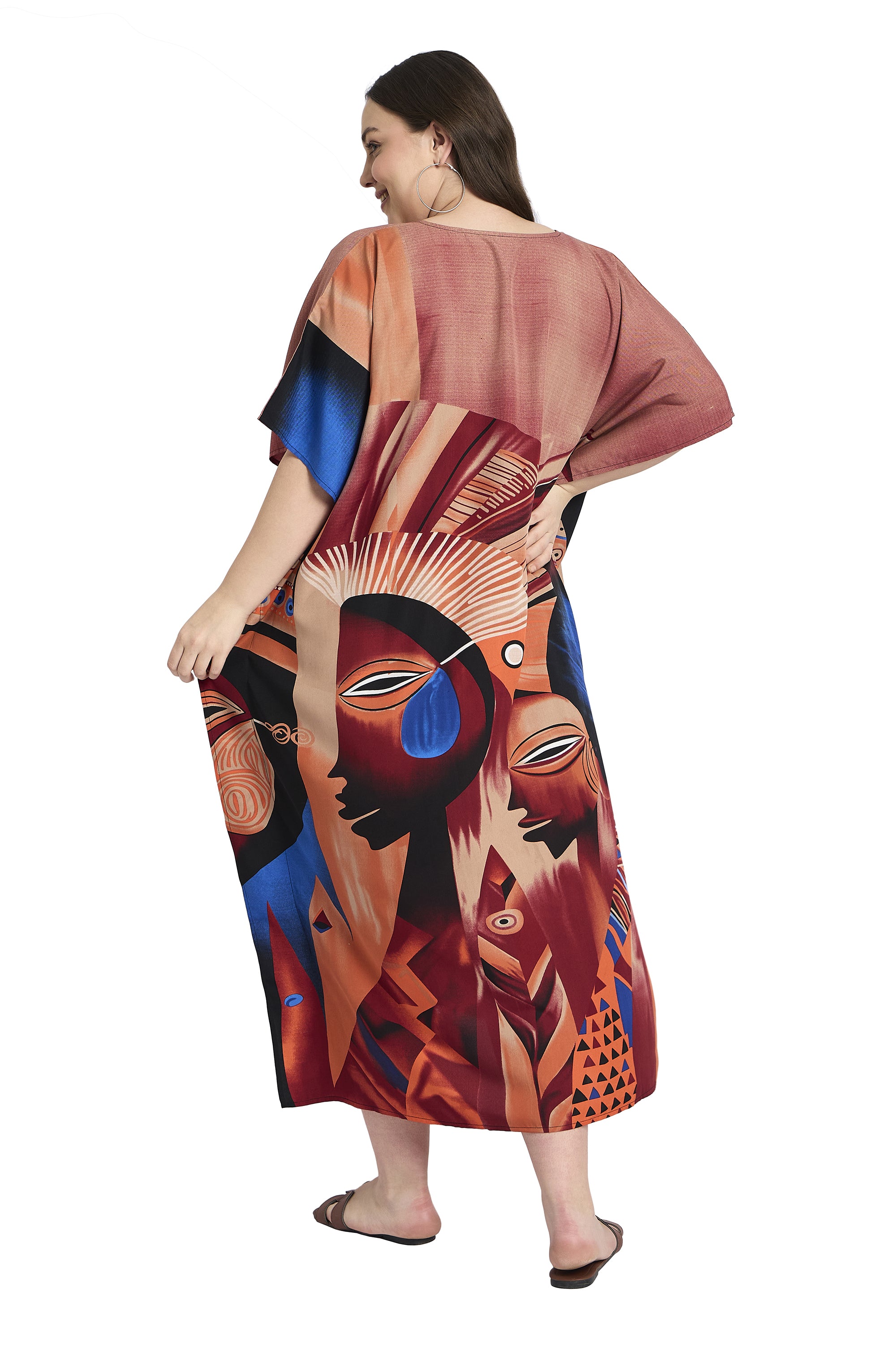 Brown Polyester Tribal Plus Size Elegant Kaftan Dress for Women