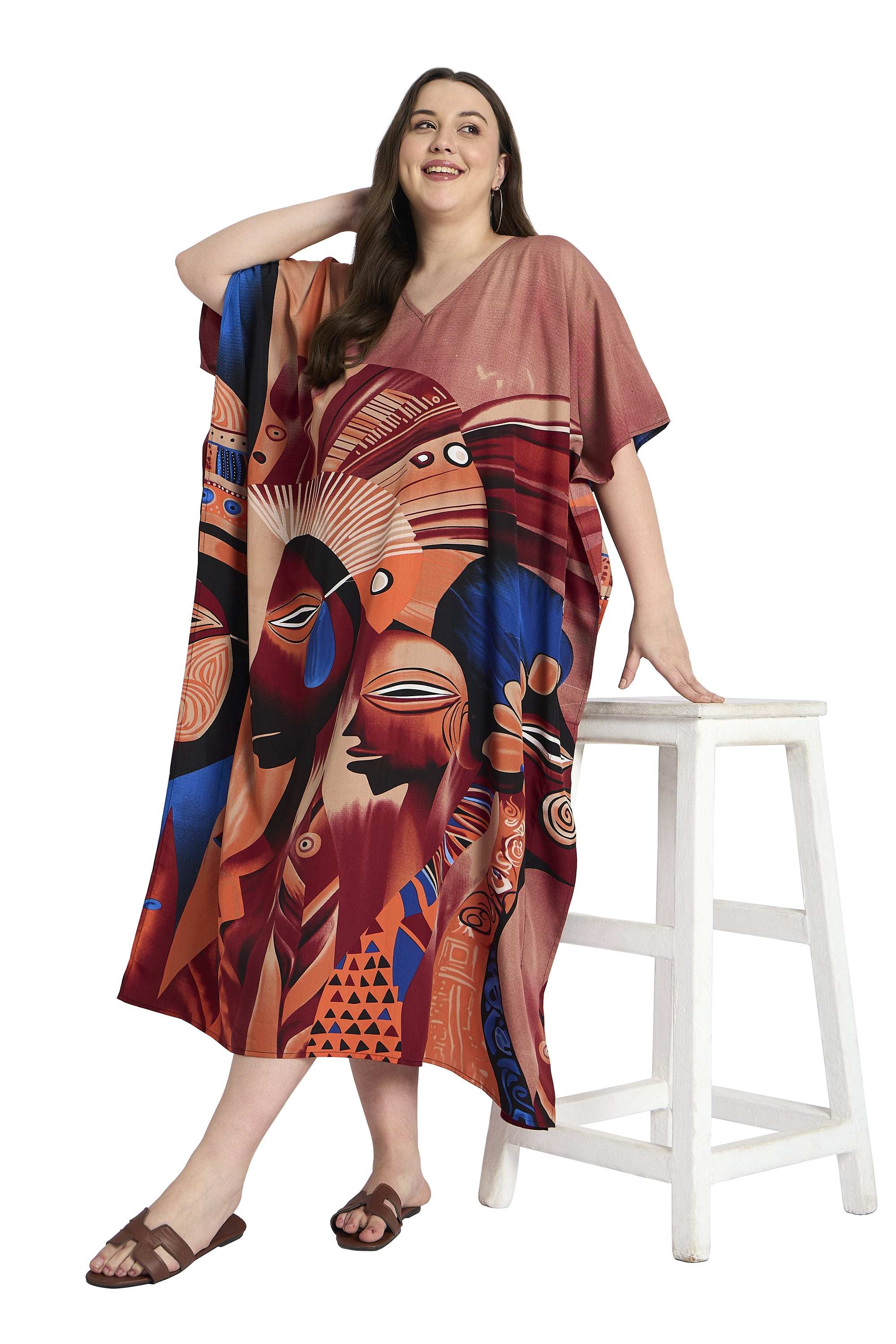 Brown Polyester Tribal Plus Size Elegant Kaftan Dress for Women