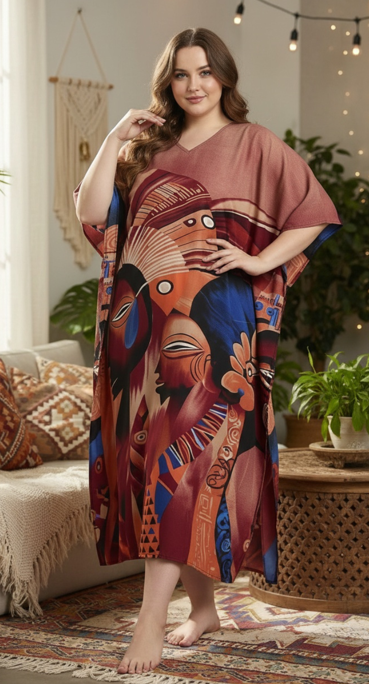 Brown Polyester Tribal Plus Size Elegant Kaftan Dress for Women