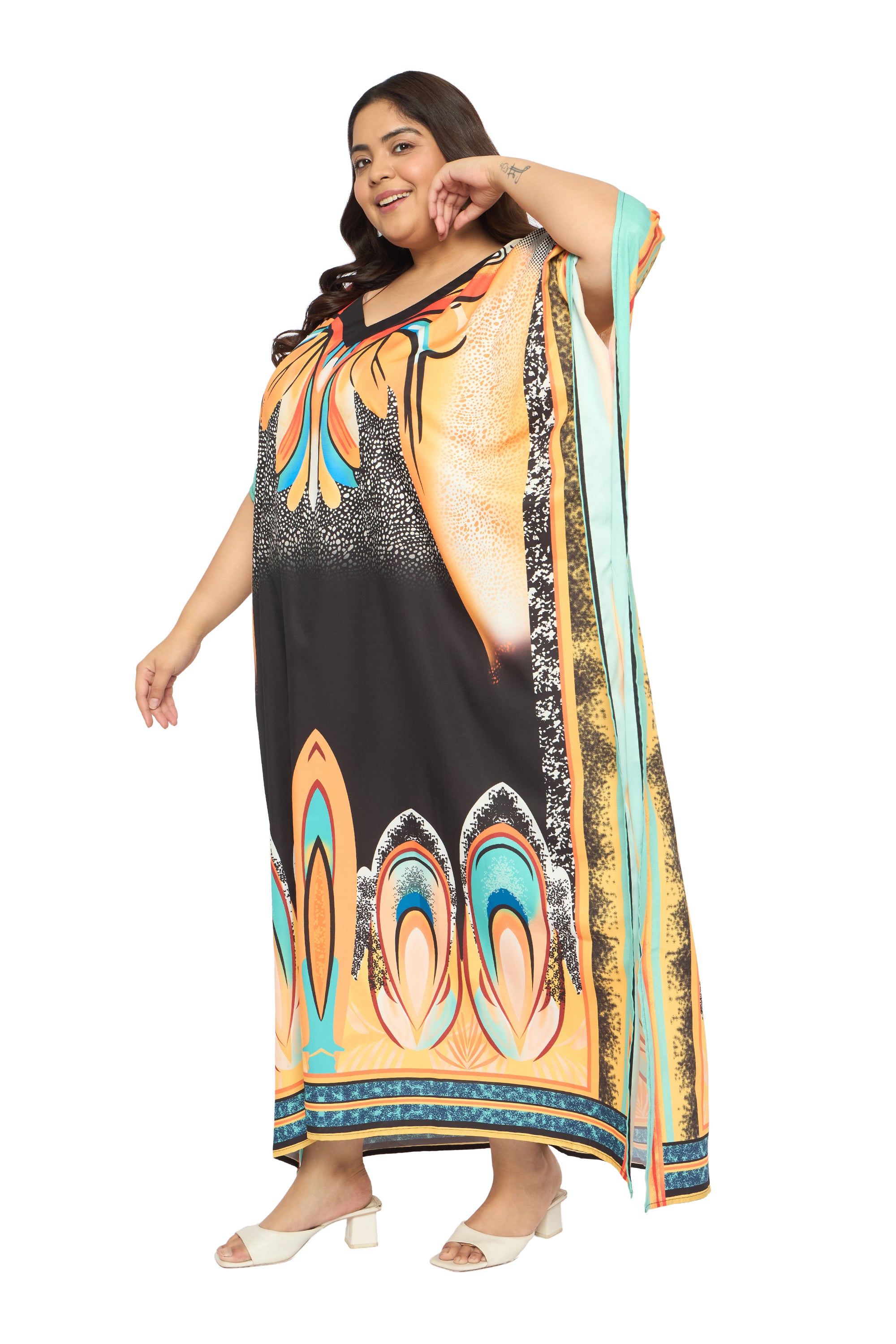 Abstract Multicolor Polyester Caftan Dress for Plus Size Women