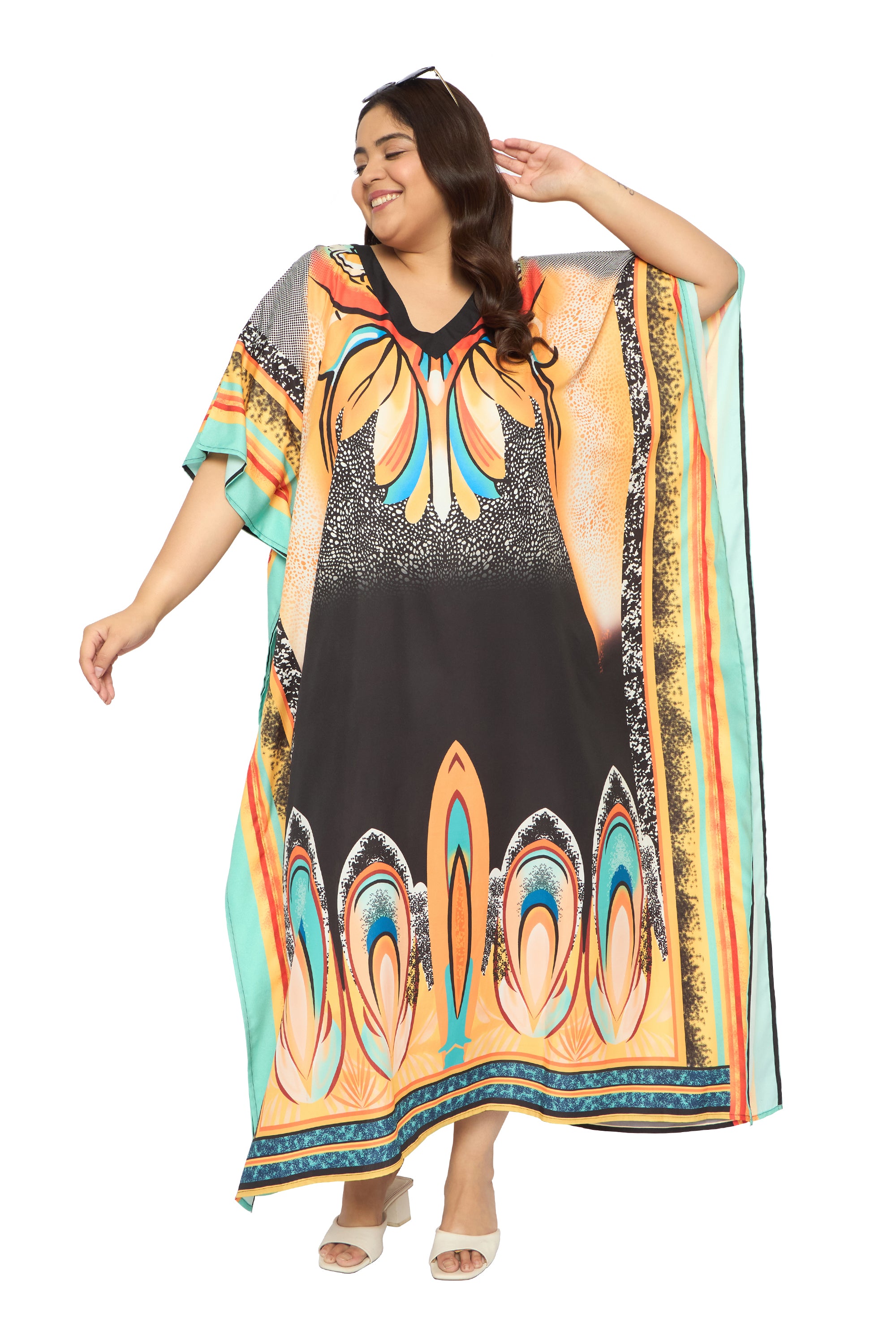 Abstract Multicolor Polyester Caftan Dress for Plus Size Women