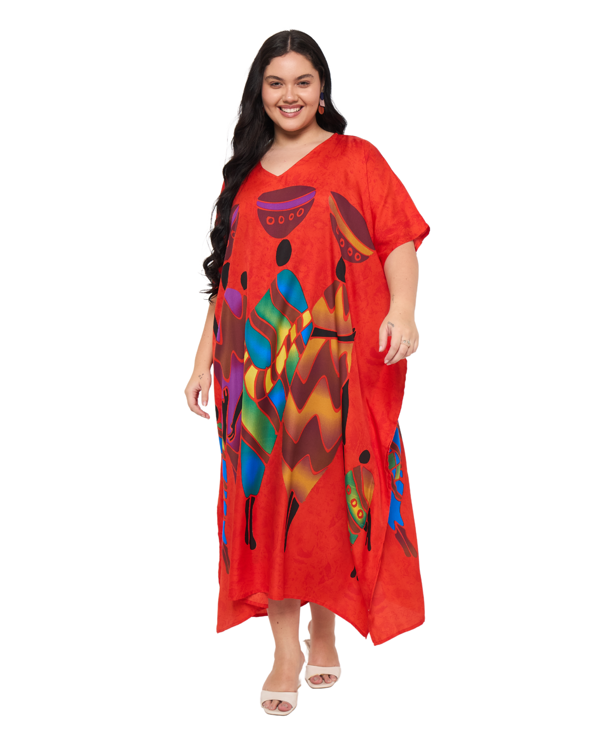 Lady Tribal Red Polyester Women Plus Size Caftan Dress