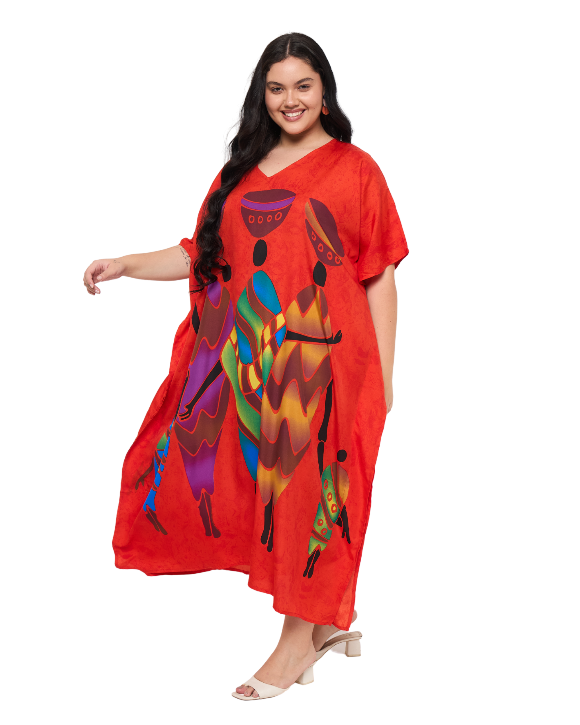 Lady Tribal Red Polyester Women Plus Size Caftan Dress