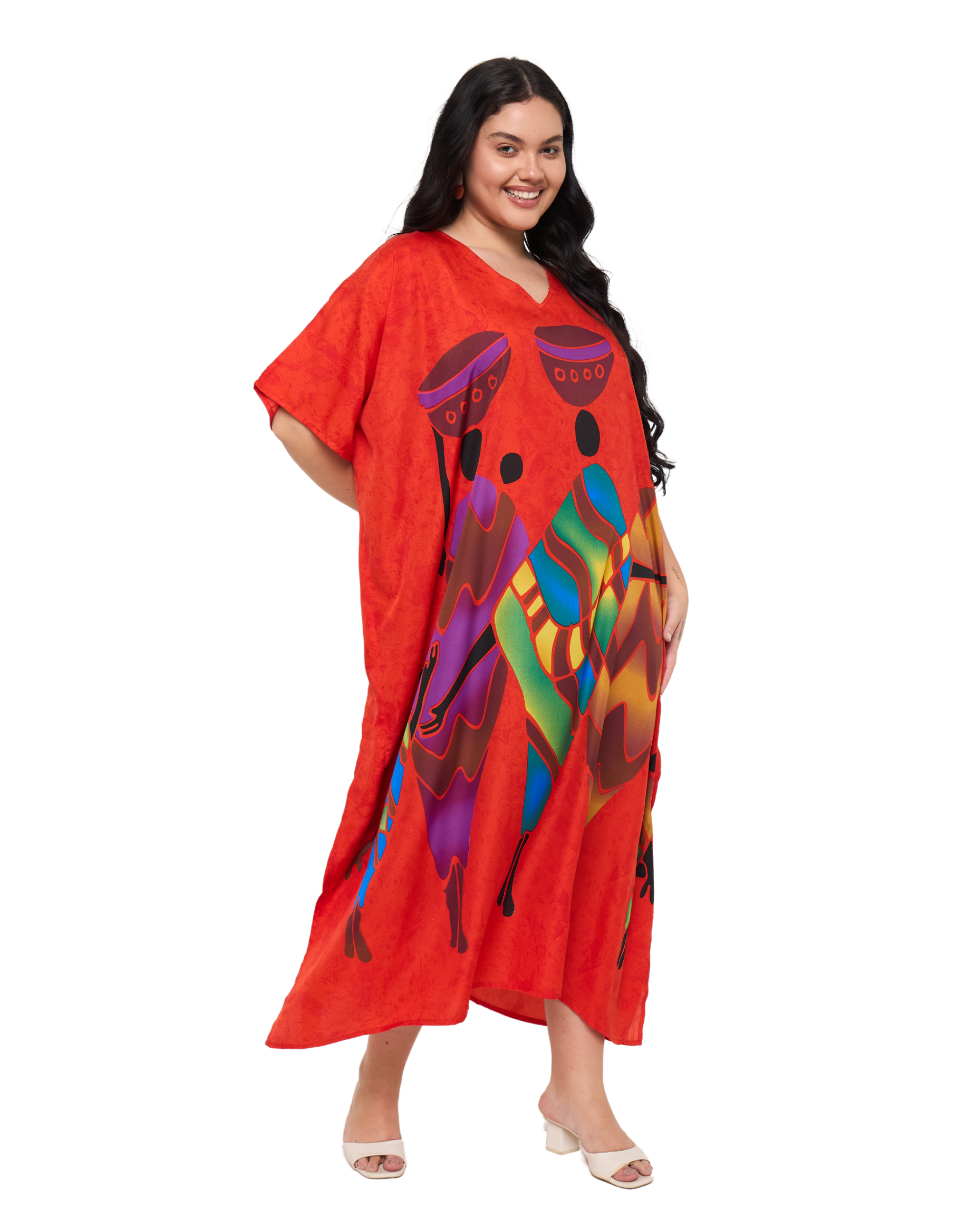 Lady Tribal Red Polyester Women Plus Size Caftan Dress