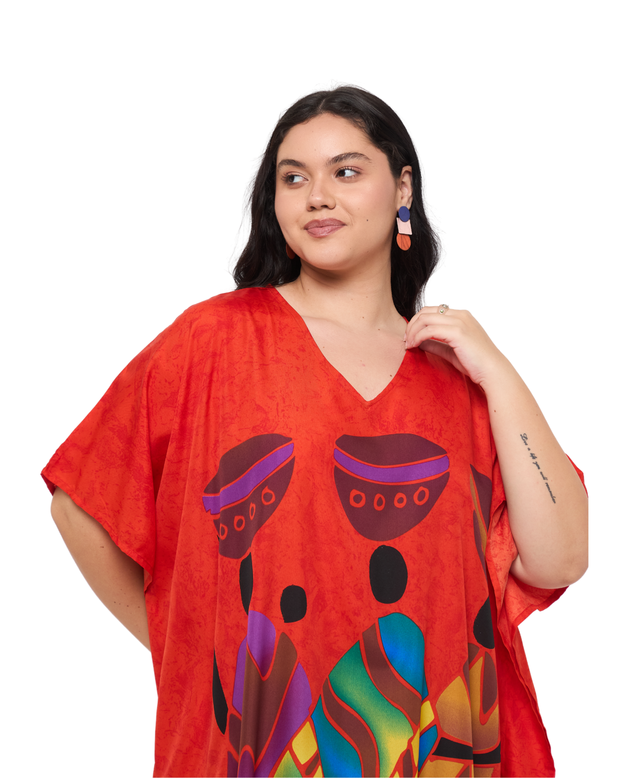 Lady Tribal Red Polyester Women Plus Size Caftan Dress