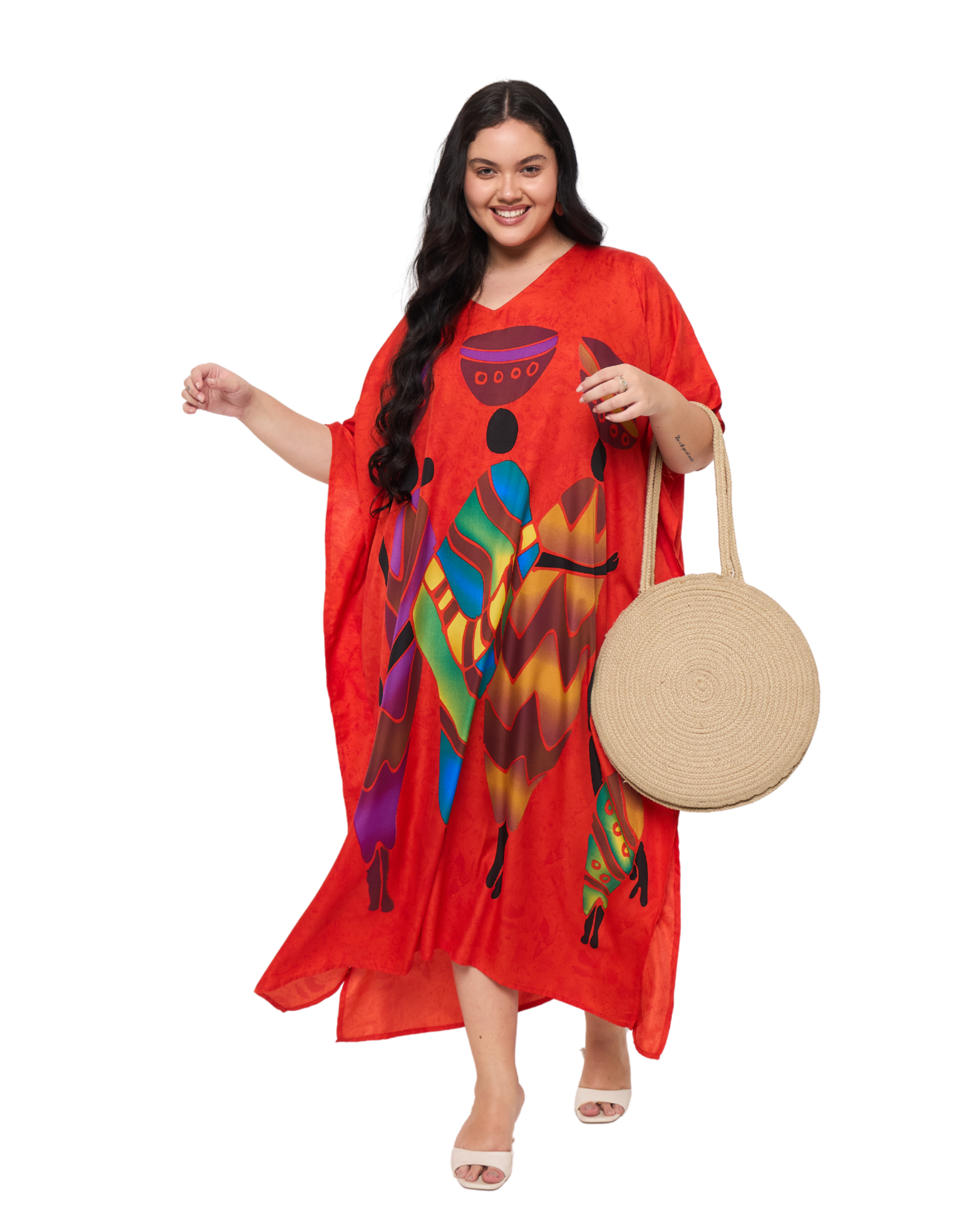Lady Tribal Red Polyester Women Plus Size Caftan Dress