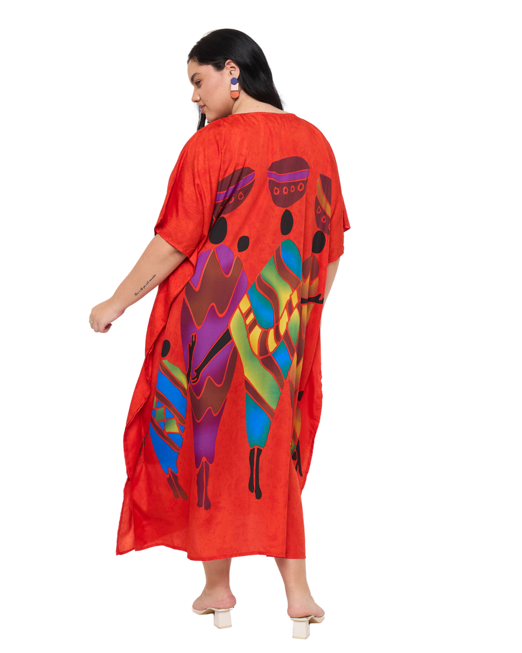 Lady Tribal Red Polyester Women Plus Size Caftan Dress