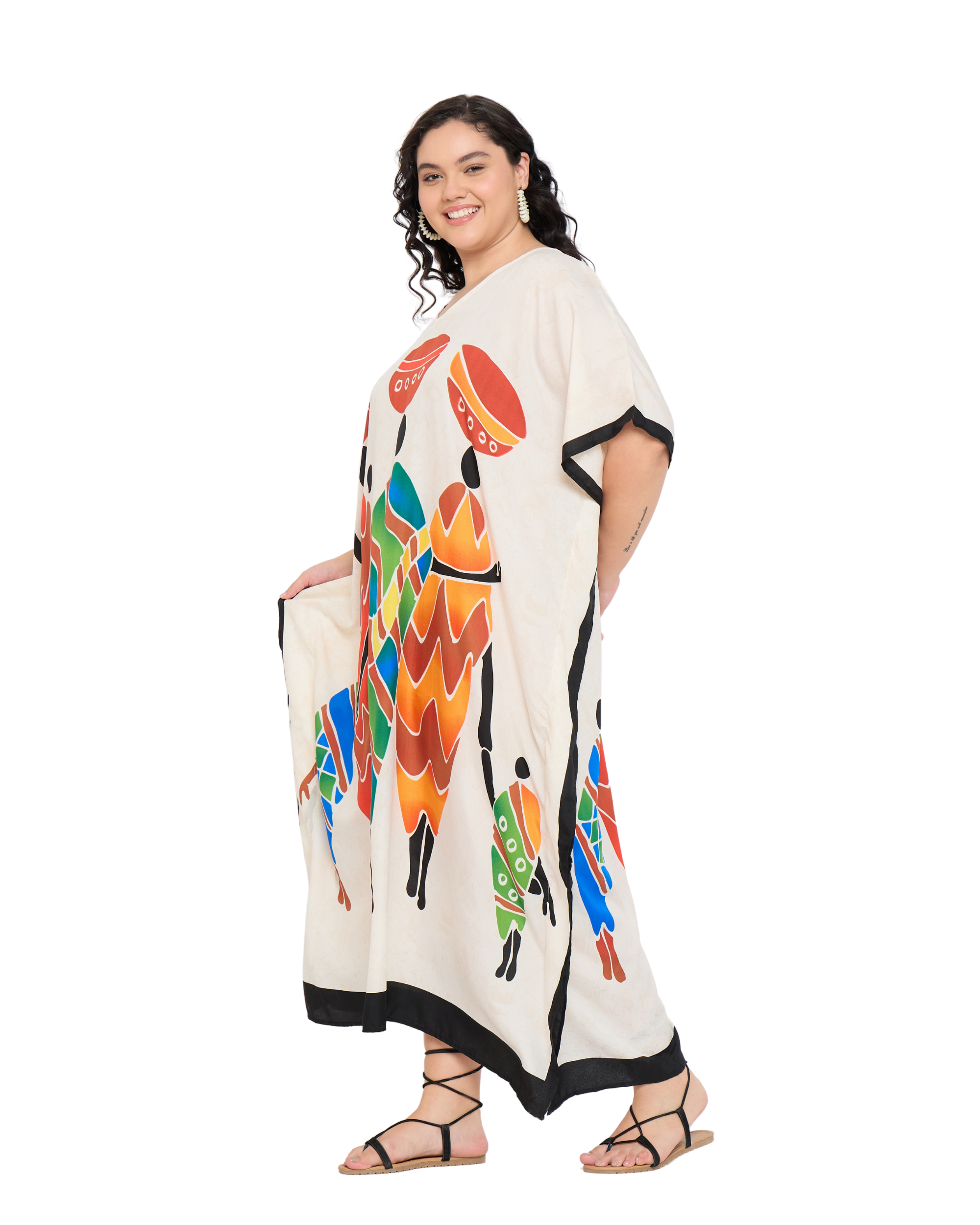 Tribal Print Cream Women Plus Size Loungewear Caftan