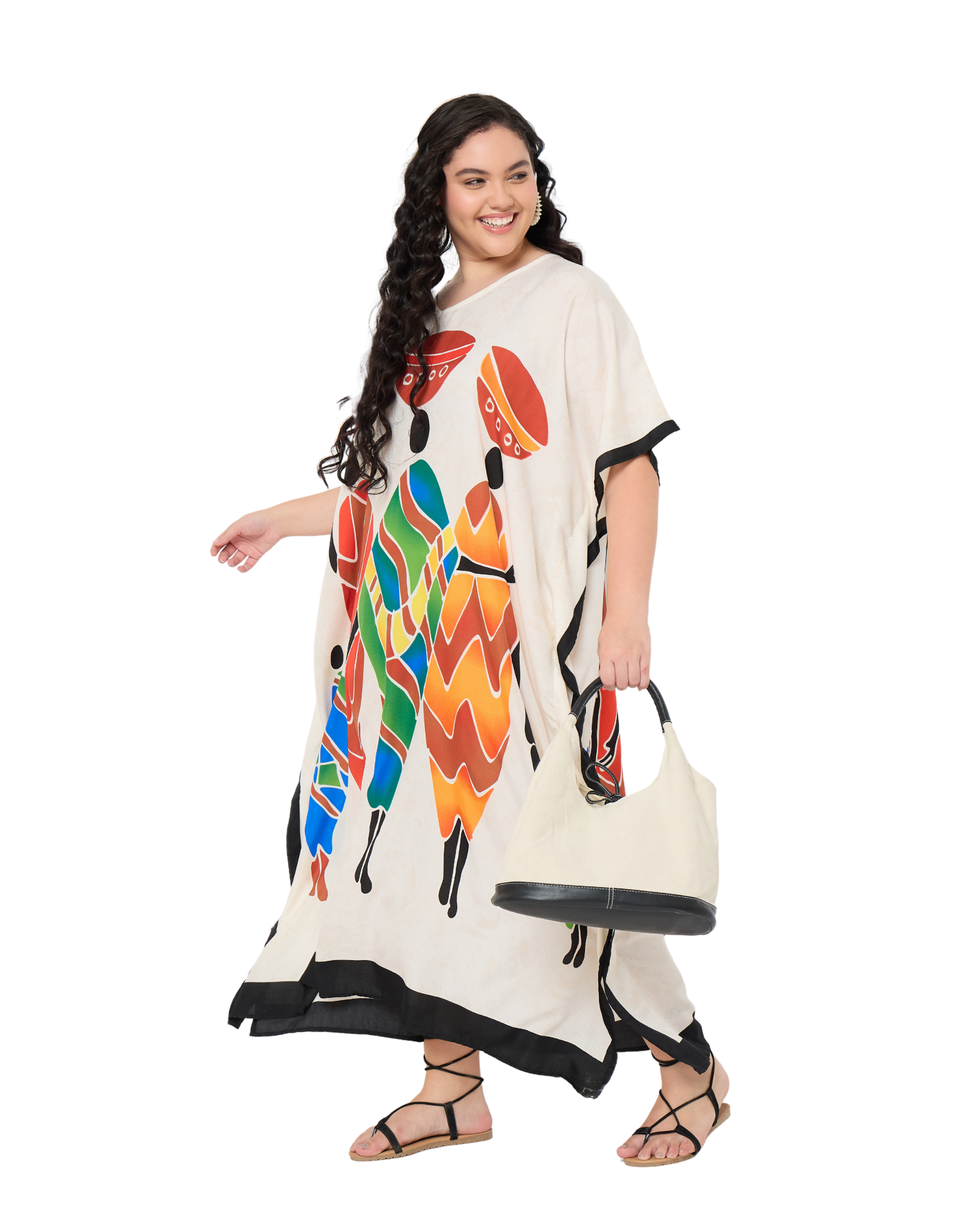 Tribal Print Cream Women Plus Size Loungewear Caftan