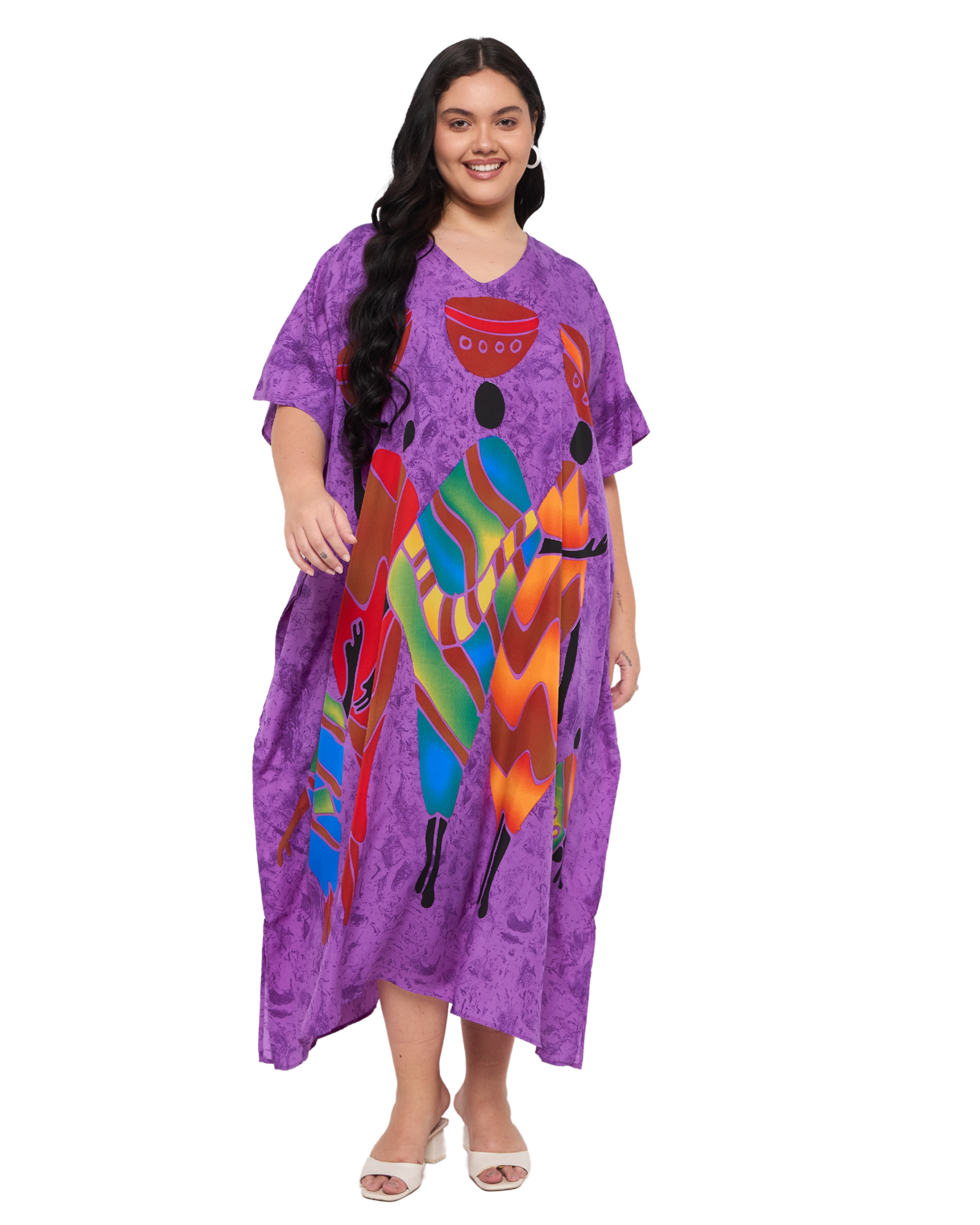 Lady Tribal Purple Polyester Women Plus Size Long Kaftan Dress