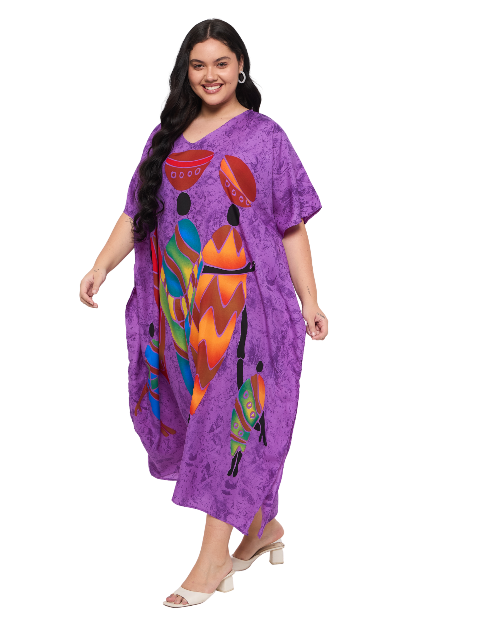 Lady Tribal Purple Polyester Women Plus Size Long Kaftan Dress