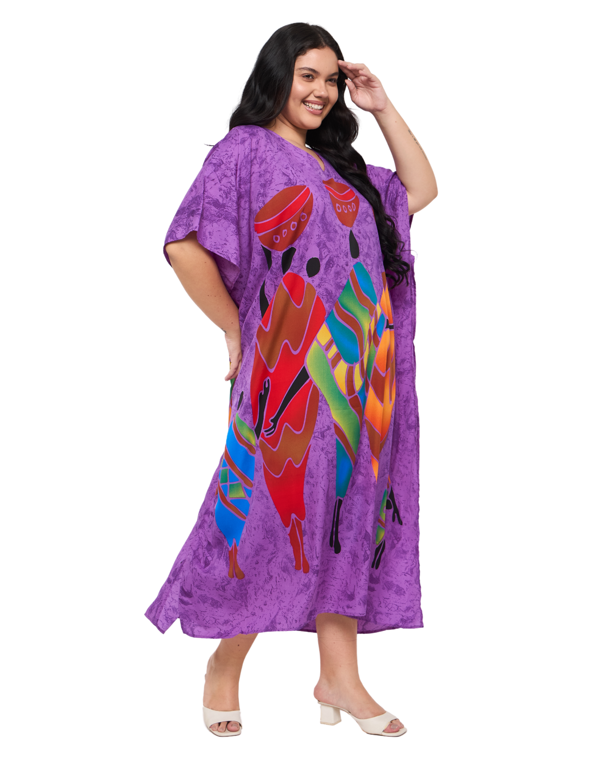 Lady Tribal Purple Polyester Women Plus Size Long Kaftan Dress