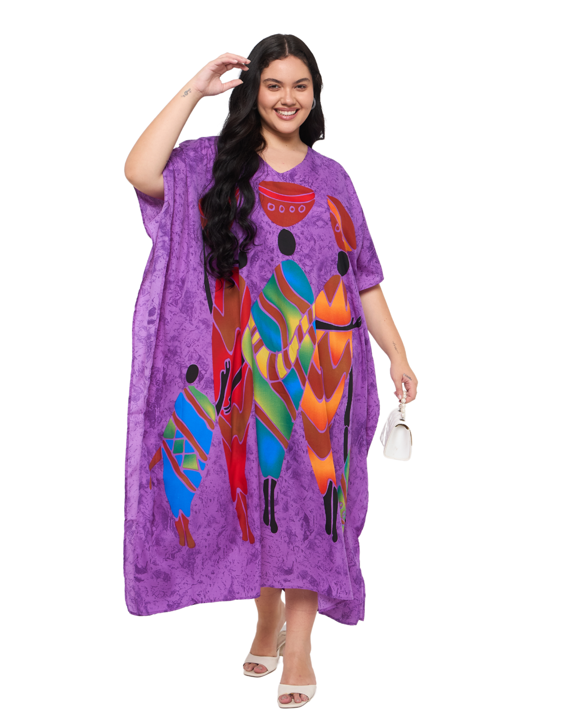 Lady Tribal Purple Polyester Women Plus Size Long Kaftan Dress