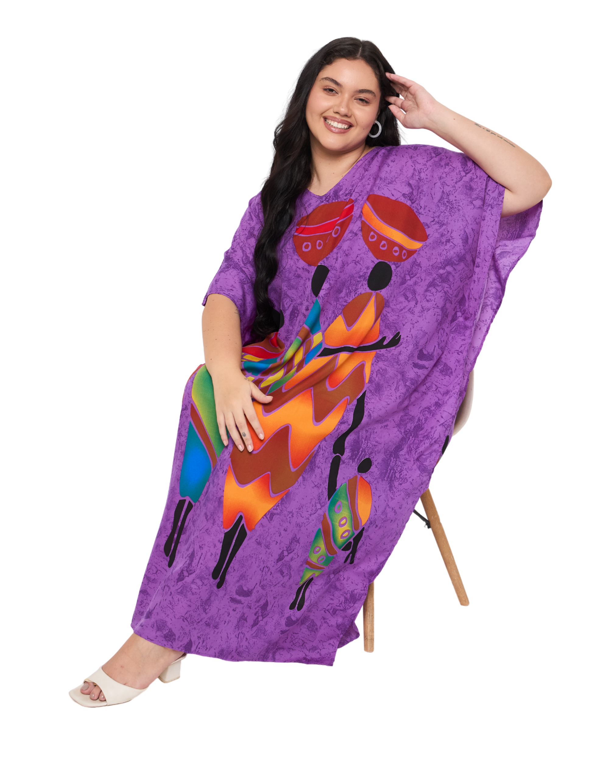 Lady Tribal Purple Polyester Women Plus Size Long Kaftan Dress