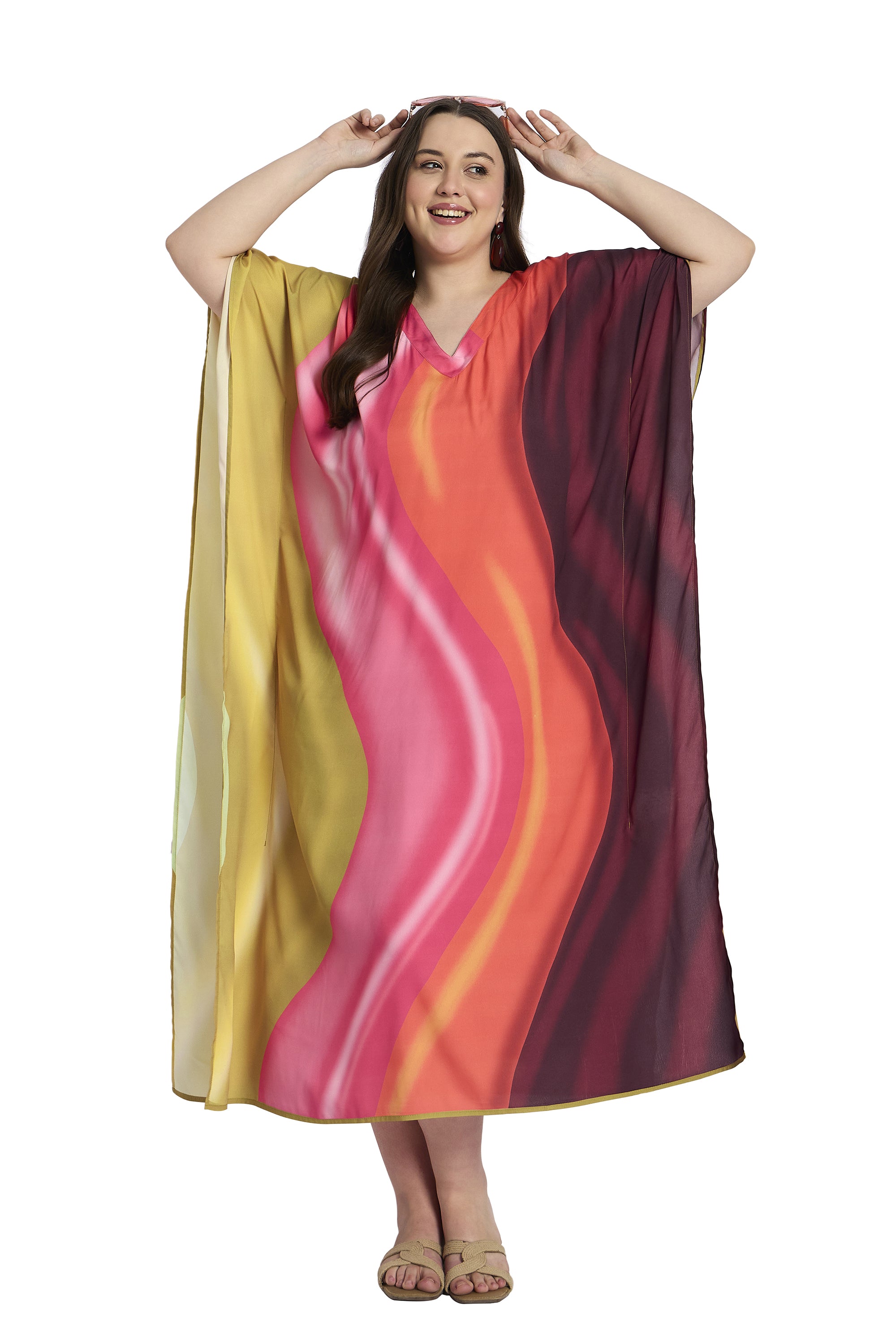 Striped Print Multicolor Plus Size Caftan Dress for Vacations