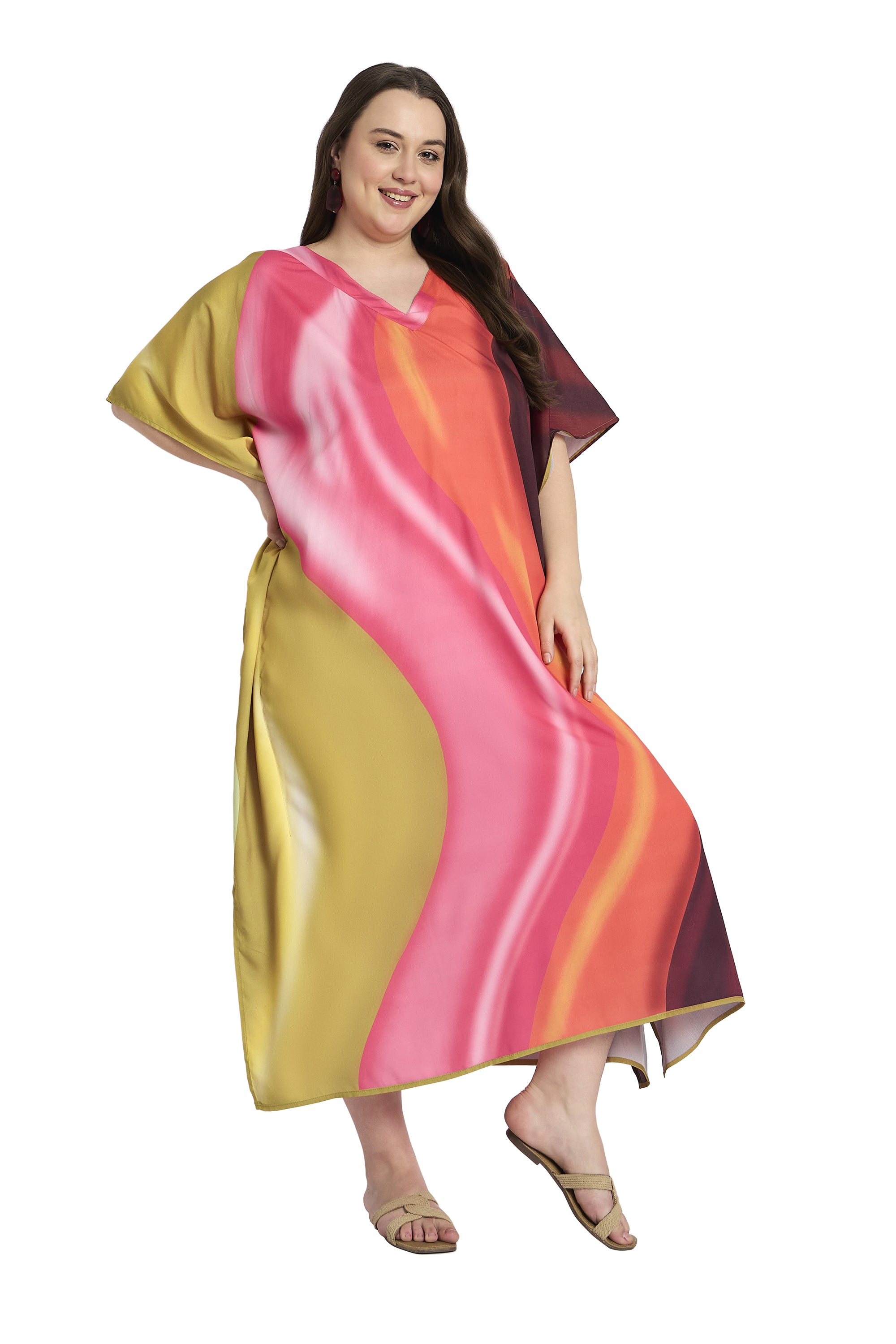 Striped Print Multicolor Plus Size Caftan Dress for Vacations