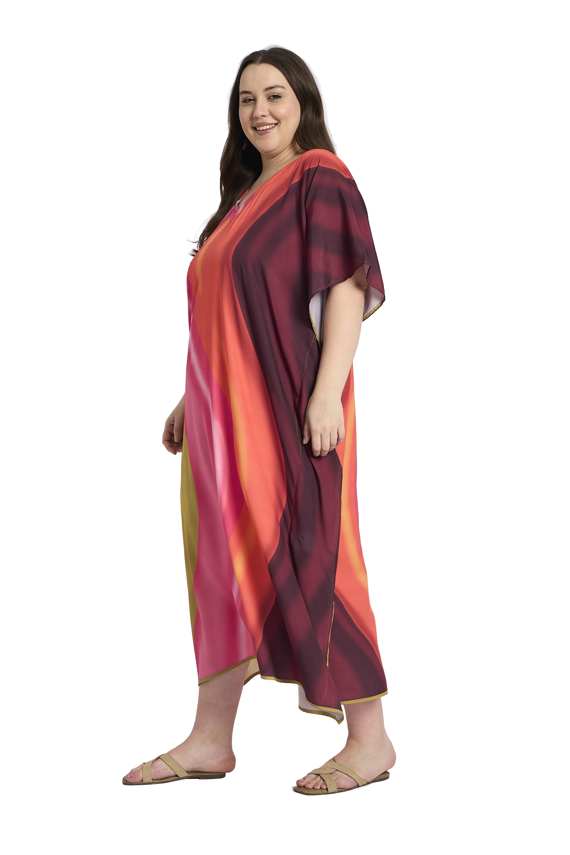 Striped Print Multicolor Plus Size Caftan Dress for Vacations