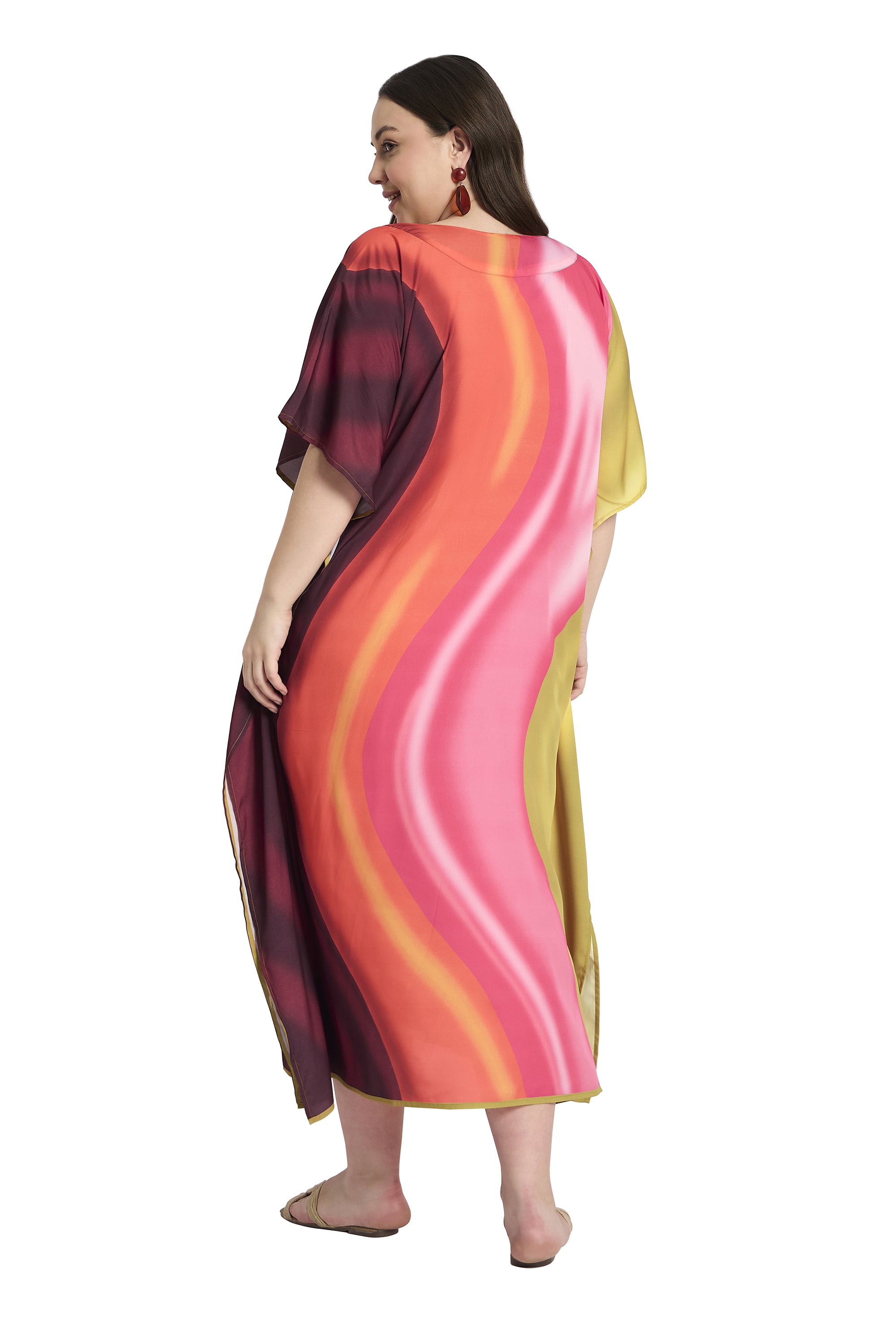 Striped Print Multicolor Plus Size Caftan Dress for Vacations