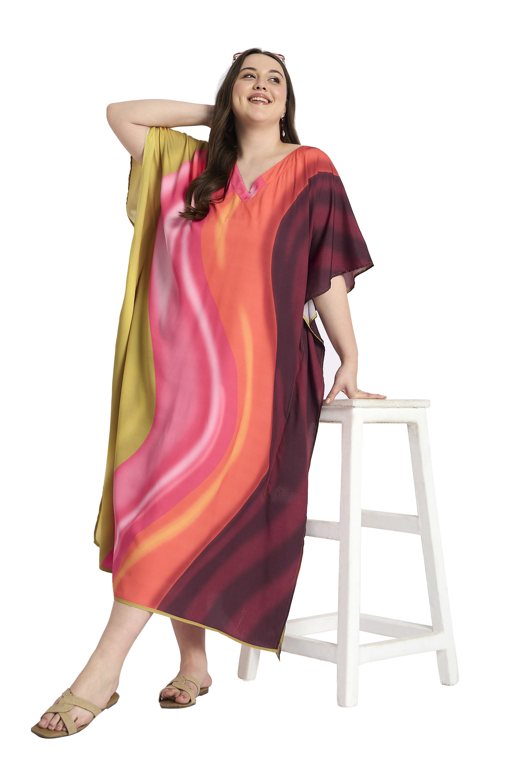 Striped Print Multicolor Plus Size Caftan Dress for Vacations