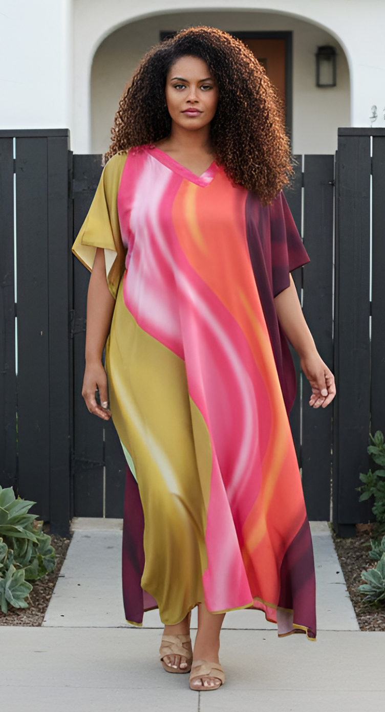 Striped Print Multicolor Plus Size Caftan Dress for Vacations